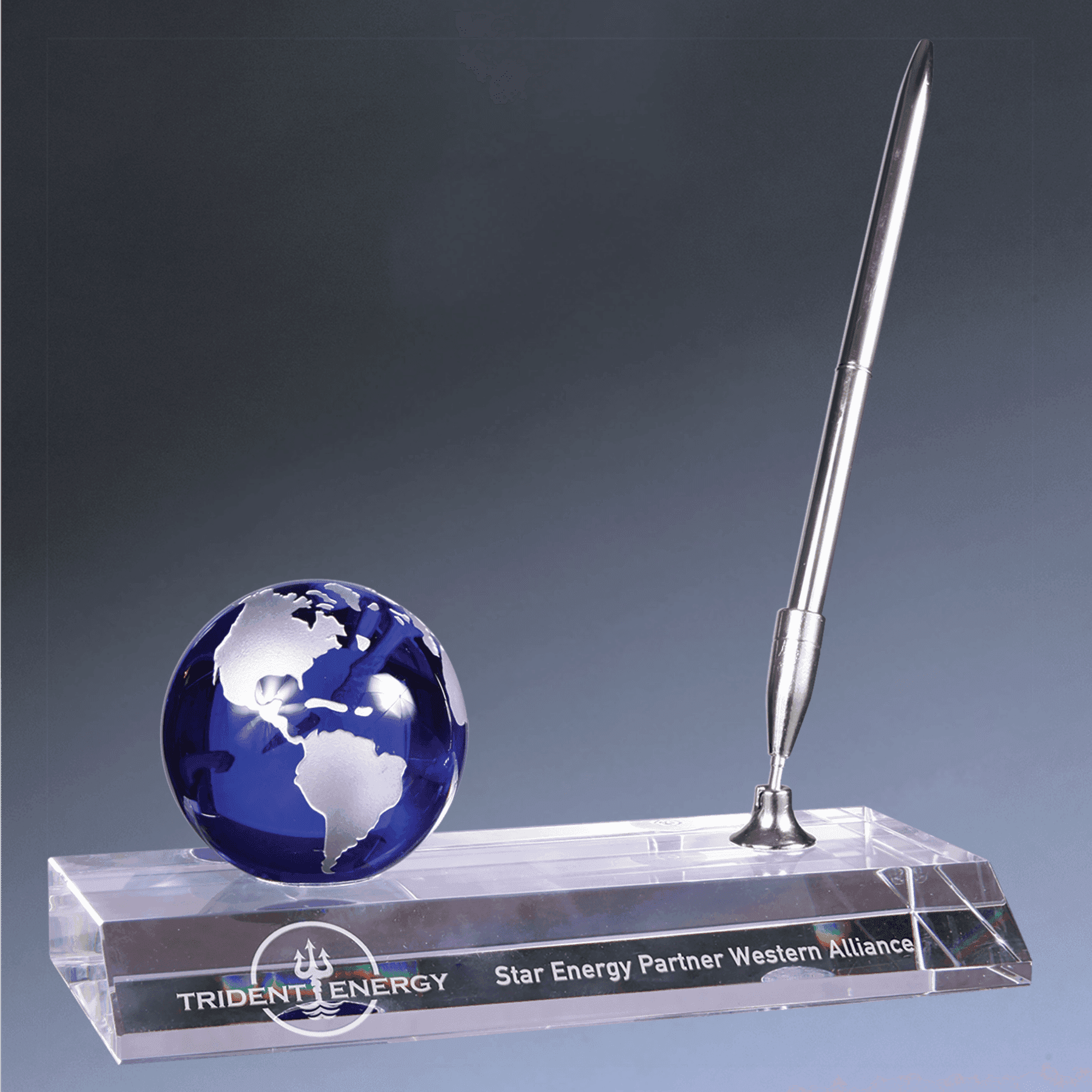 Laser Etched Crystal Globe Awards, Paperweights and Gifts Globe Pen Desk Set / Blue Globe/Clear Base / 7" x 3"