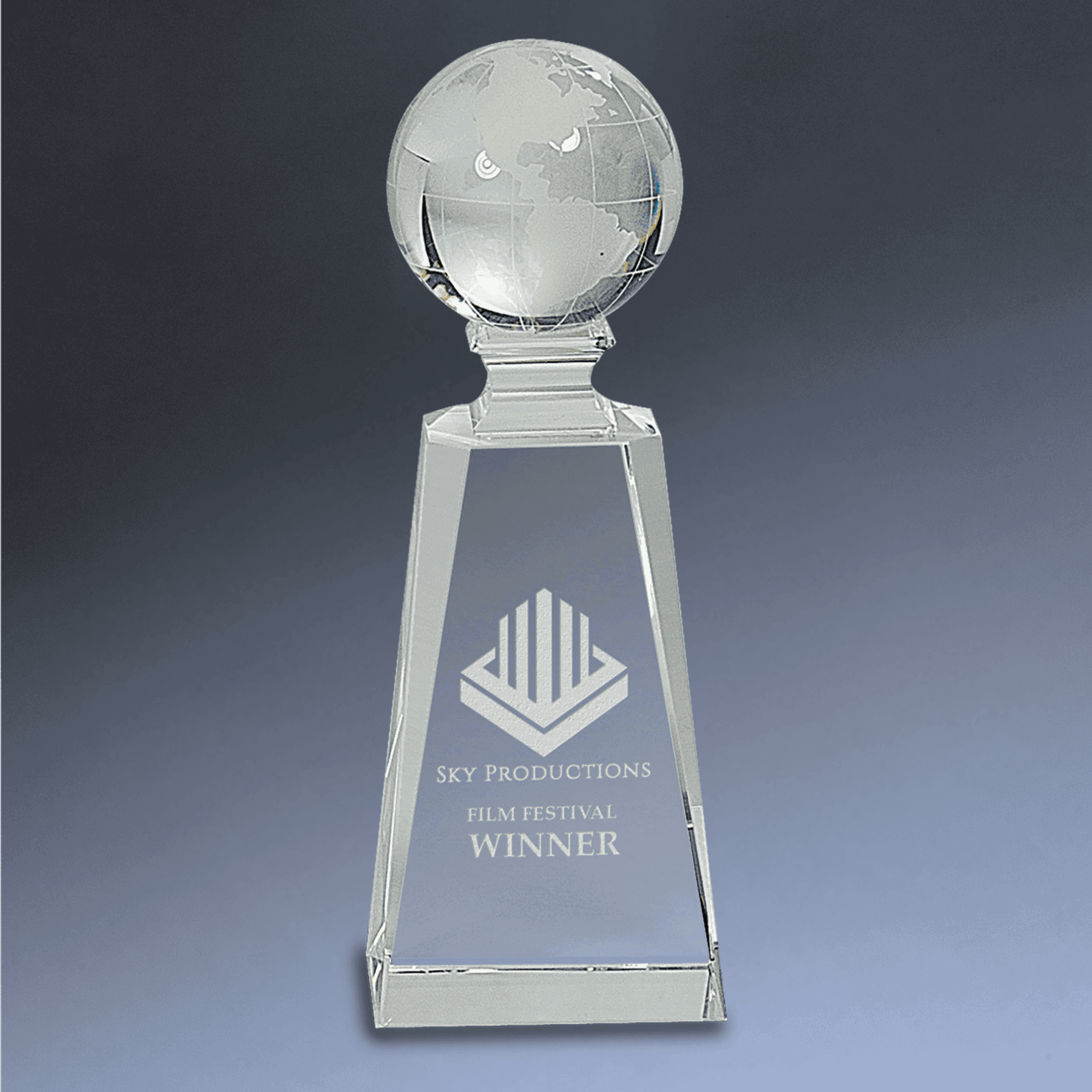 Laser Etched Crystal Globe Awards, Paperweights and Gifts Crystal Tower / Clear Globe/Clear Base / 7 3/4"