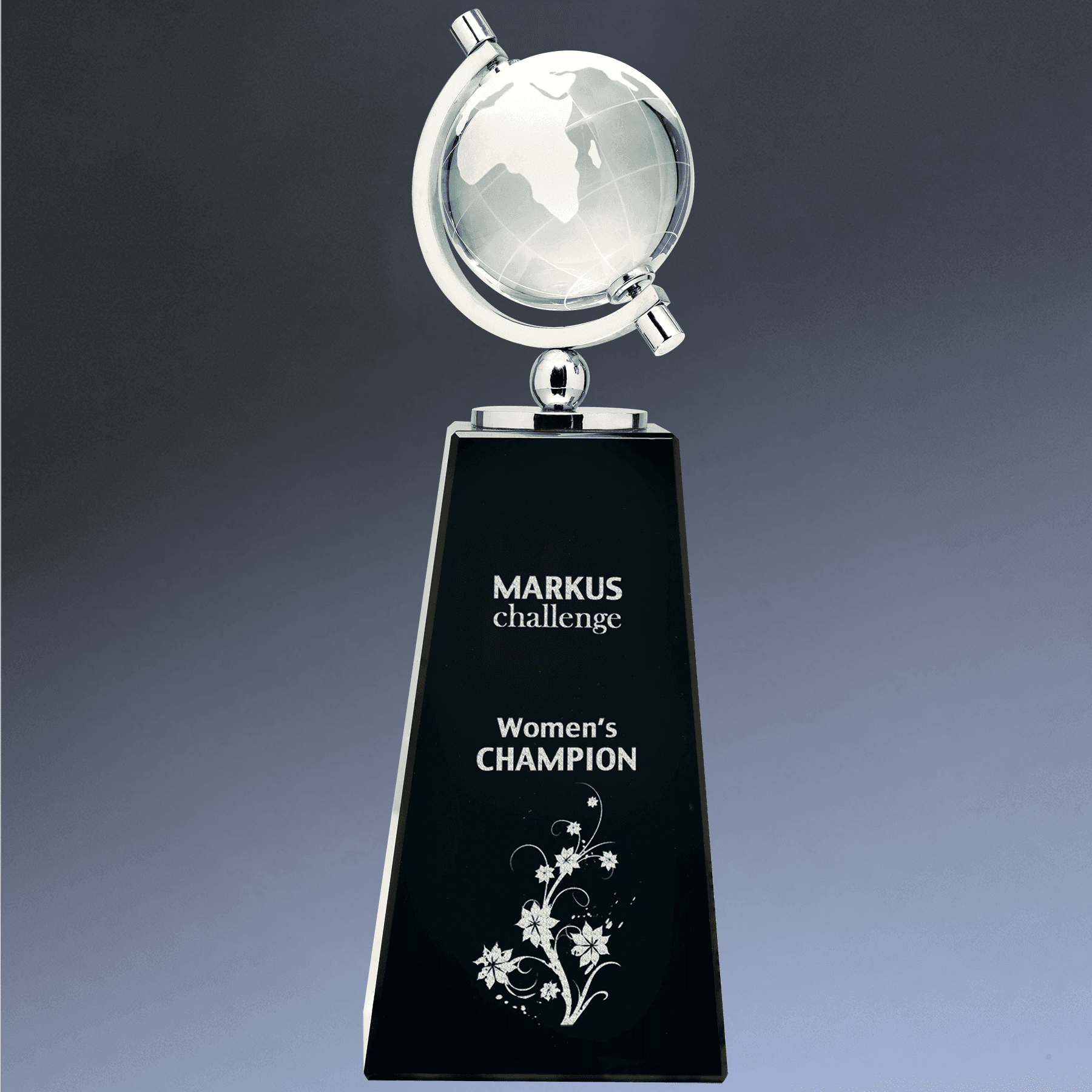 Laser Etched Crystal Globe Awards, Paperweights and Gifts Spinning Globe / Clear Globe/Black Pedestal Base / 9"