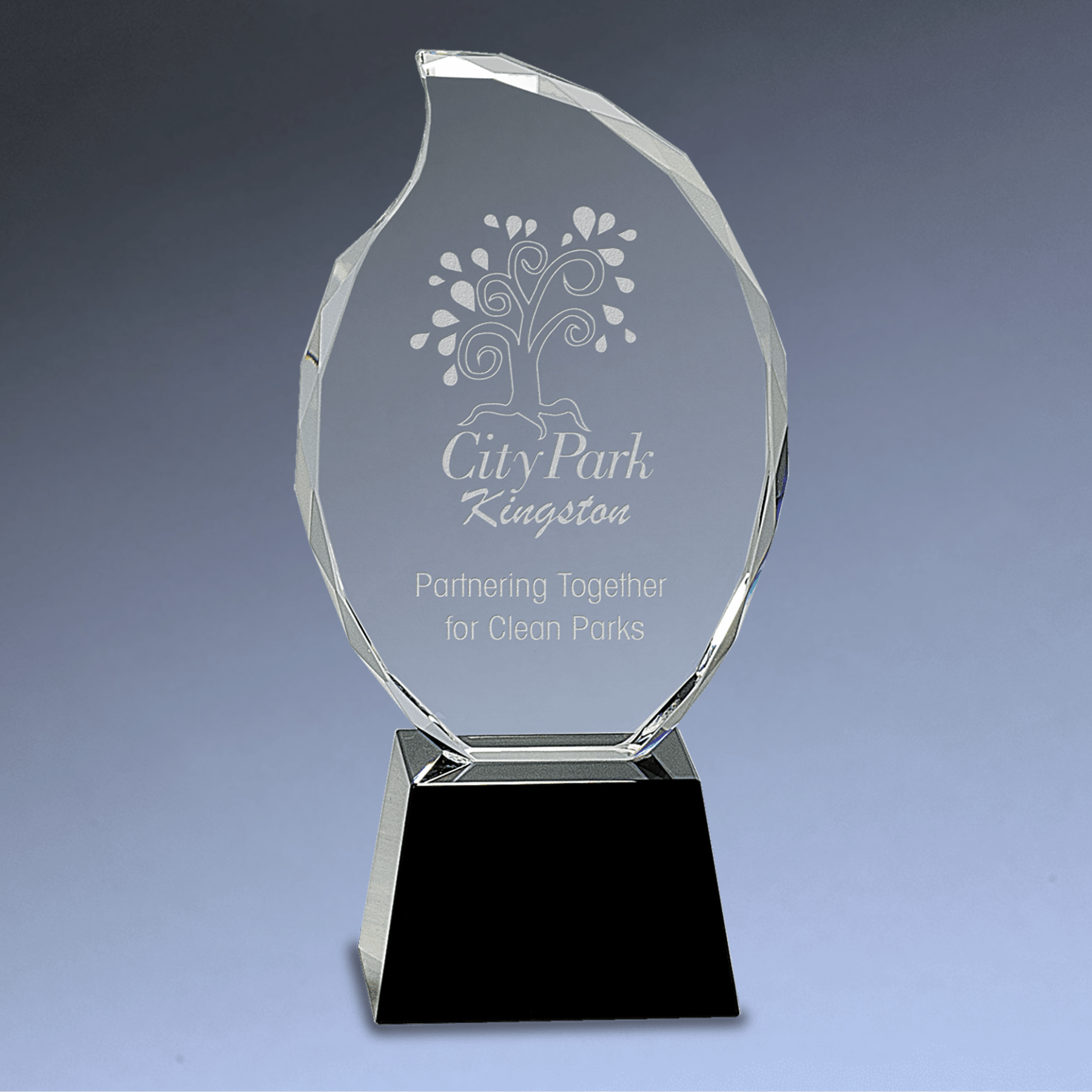Clear Crystal Flame Award on Black Pedestal Base