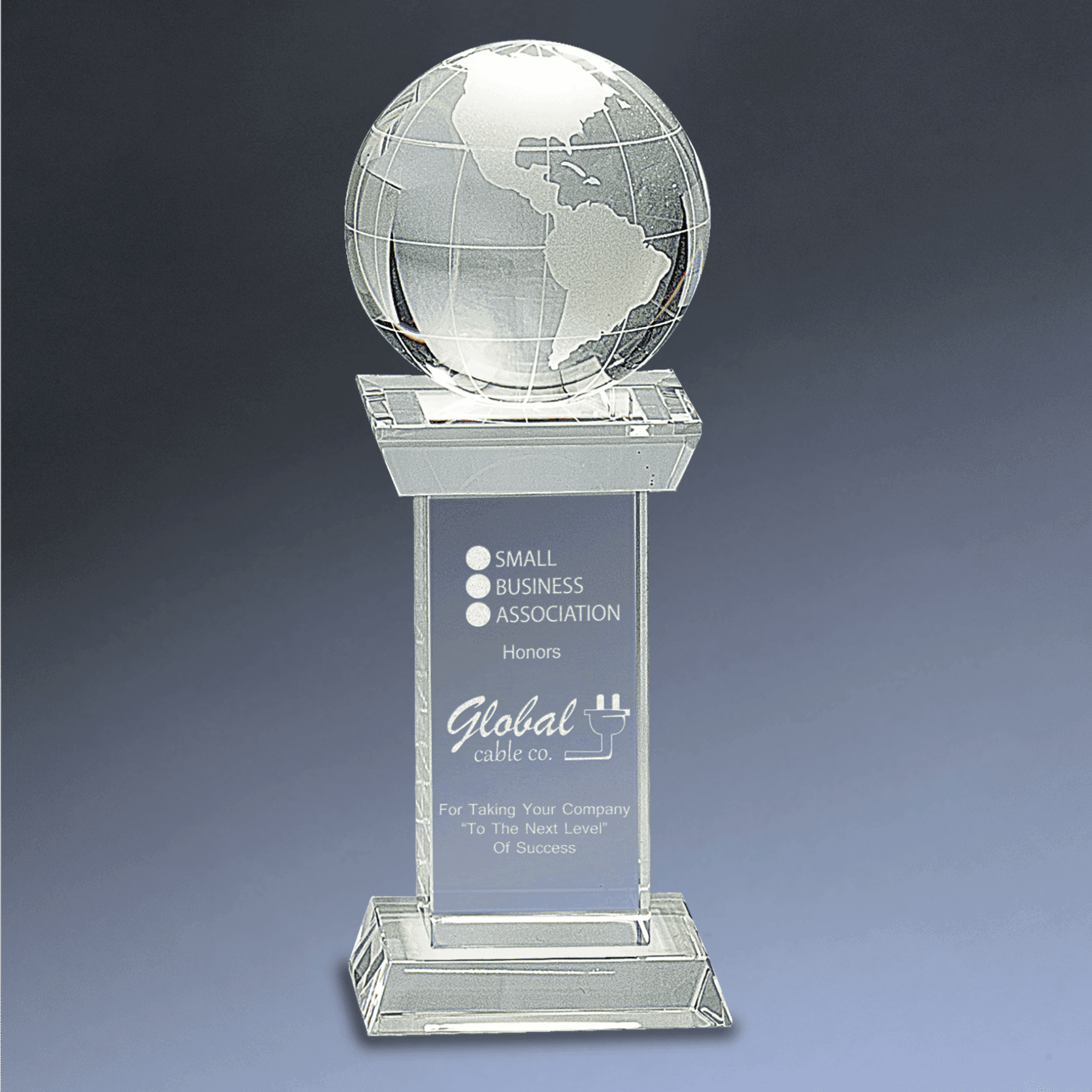 Laser Etched Crystal Globe Awards, Paperweights and Gifts Crystal Pedestal Tower / Clear Globe/Clear Base / 8"