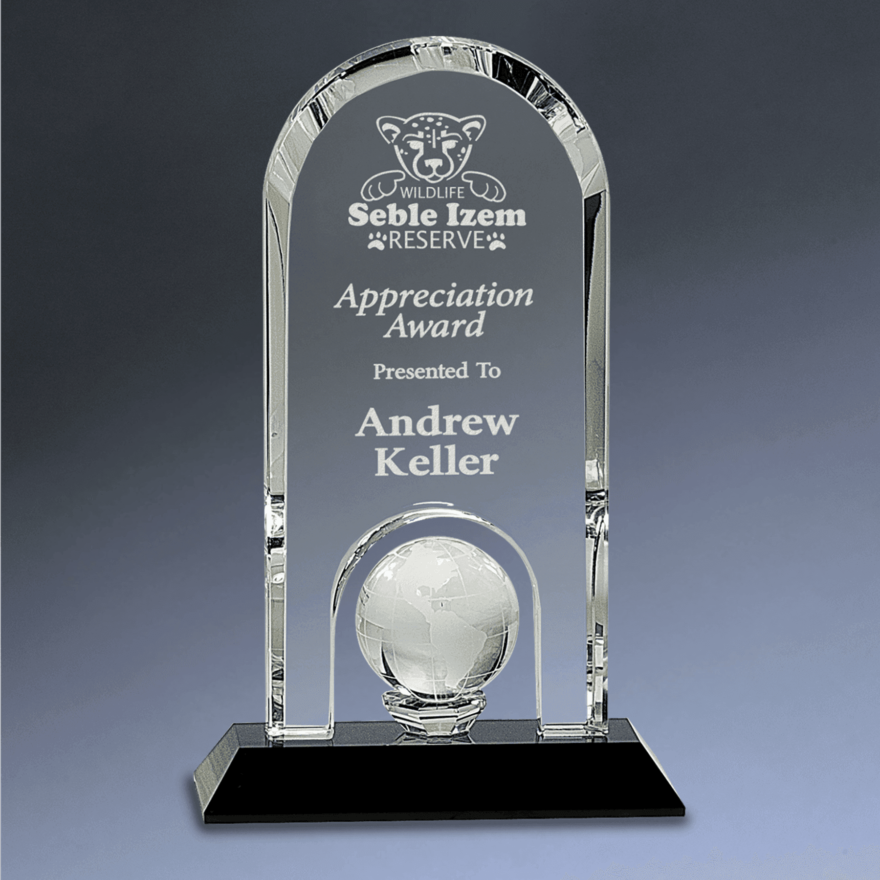 Laser Etched Crystal Globe Awards, Paperweights and Gifts Crystal Dome with Inset Globe / Clear Globe/Black Base / 8 3/4"