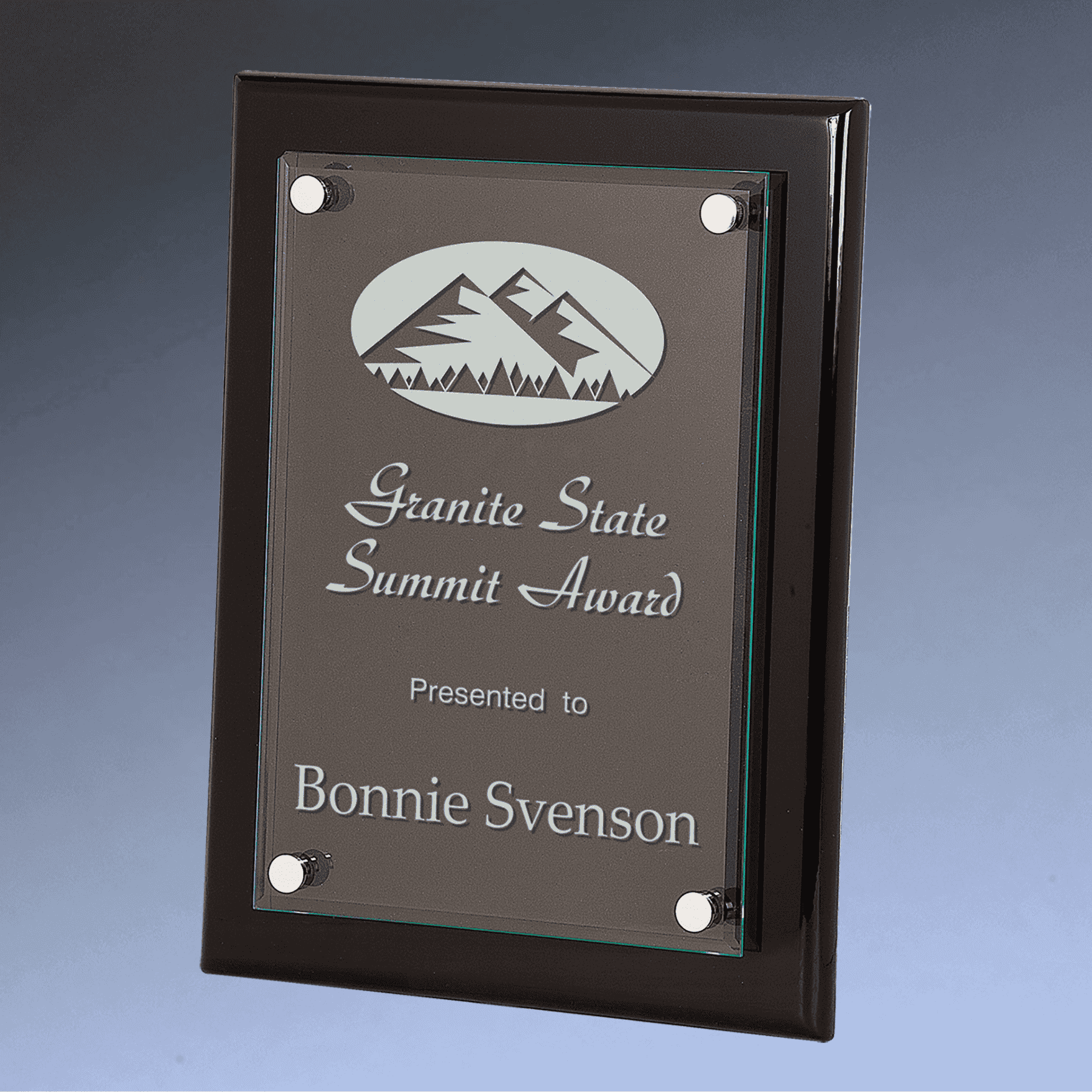 Floating Glass Plaque with Black Piano Finish Backing