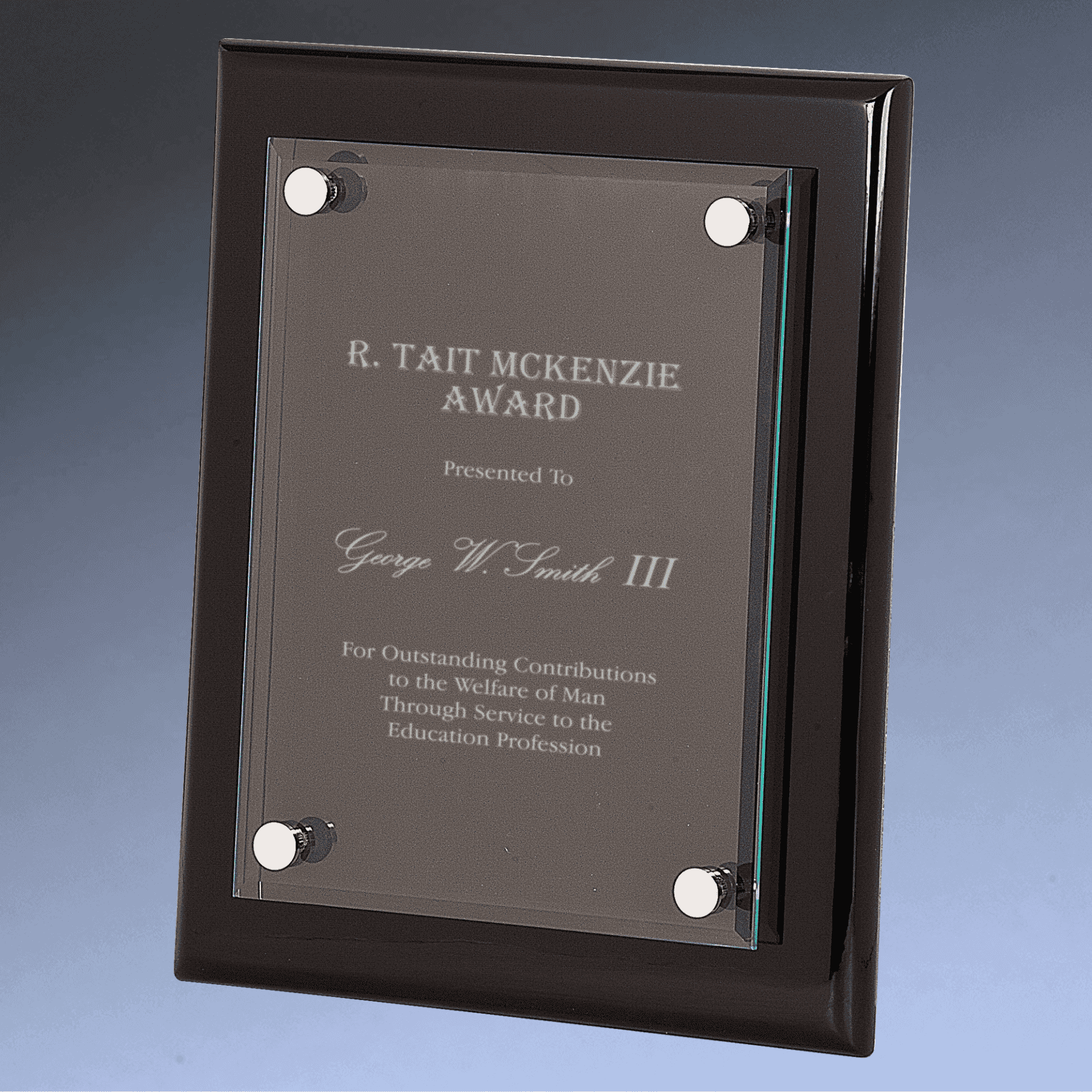 Floating Glass Plaque with Black Piano Finish Backing