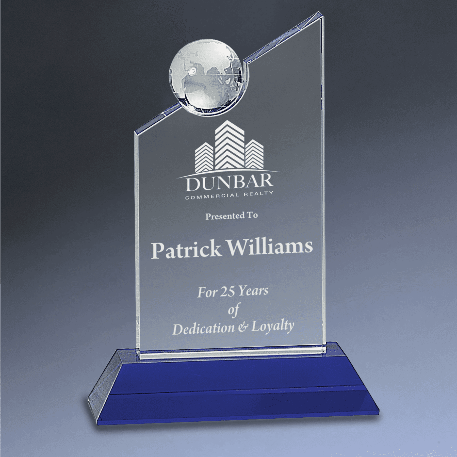 Laser Etched Crystal Globe Awards, Paperweights and Gifts Crystal Slant with Inset Globe / Clear Globe/Blue Base / 8 1/4"