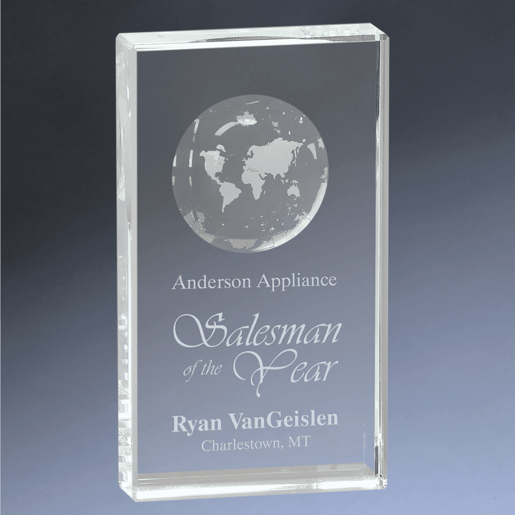 Laser Etched Crystal Globe Awards, Paperweights and Gifts Crystal Rectangle with Globe Etching / Clear Globe/Self-Standing / 5"