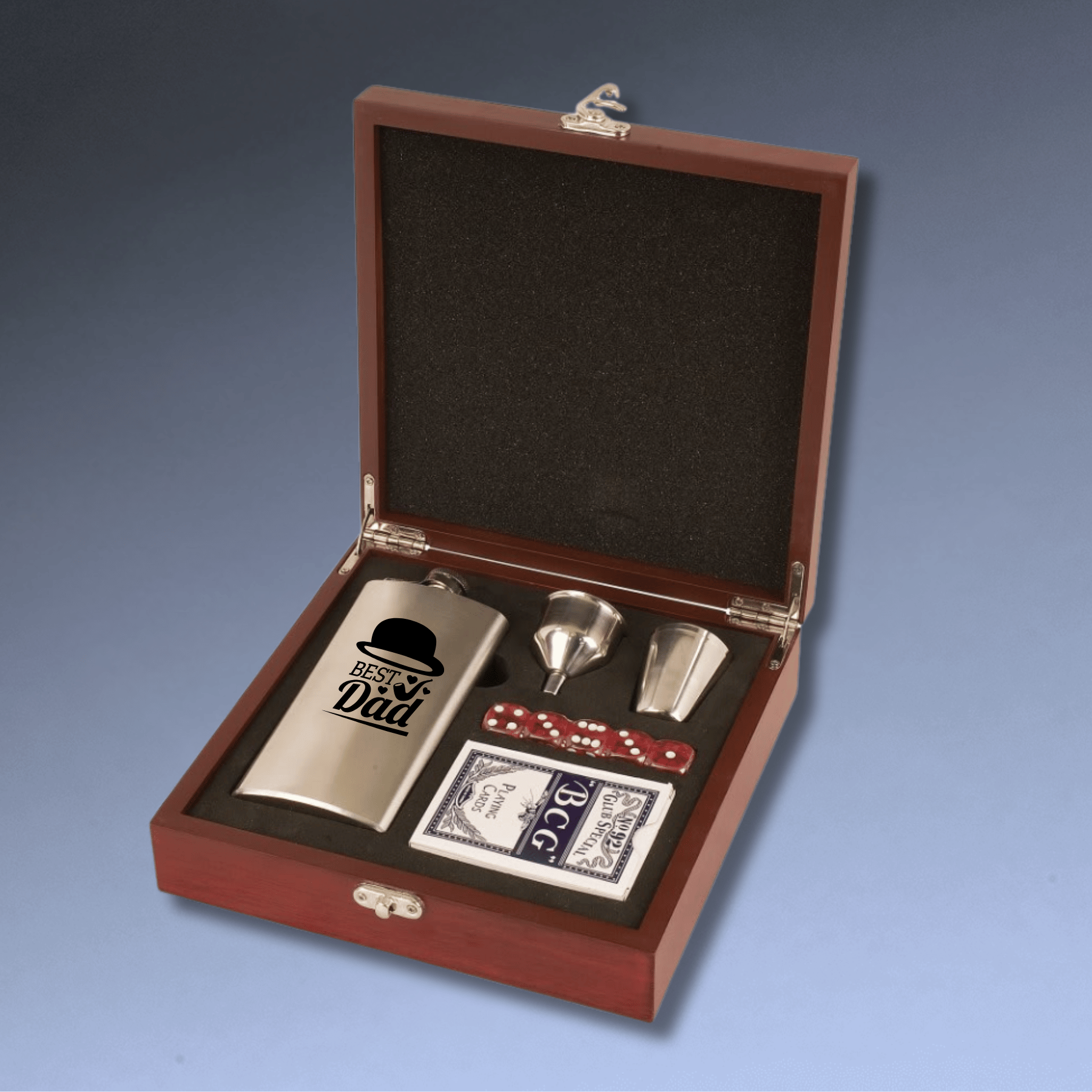 Personalized Flask, Card and Dice Gift Set – With Rosewood Box