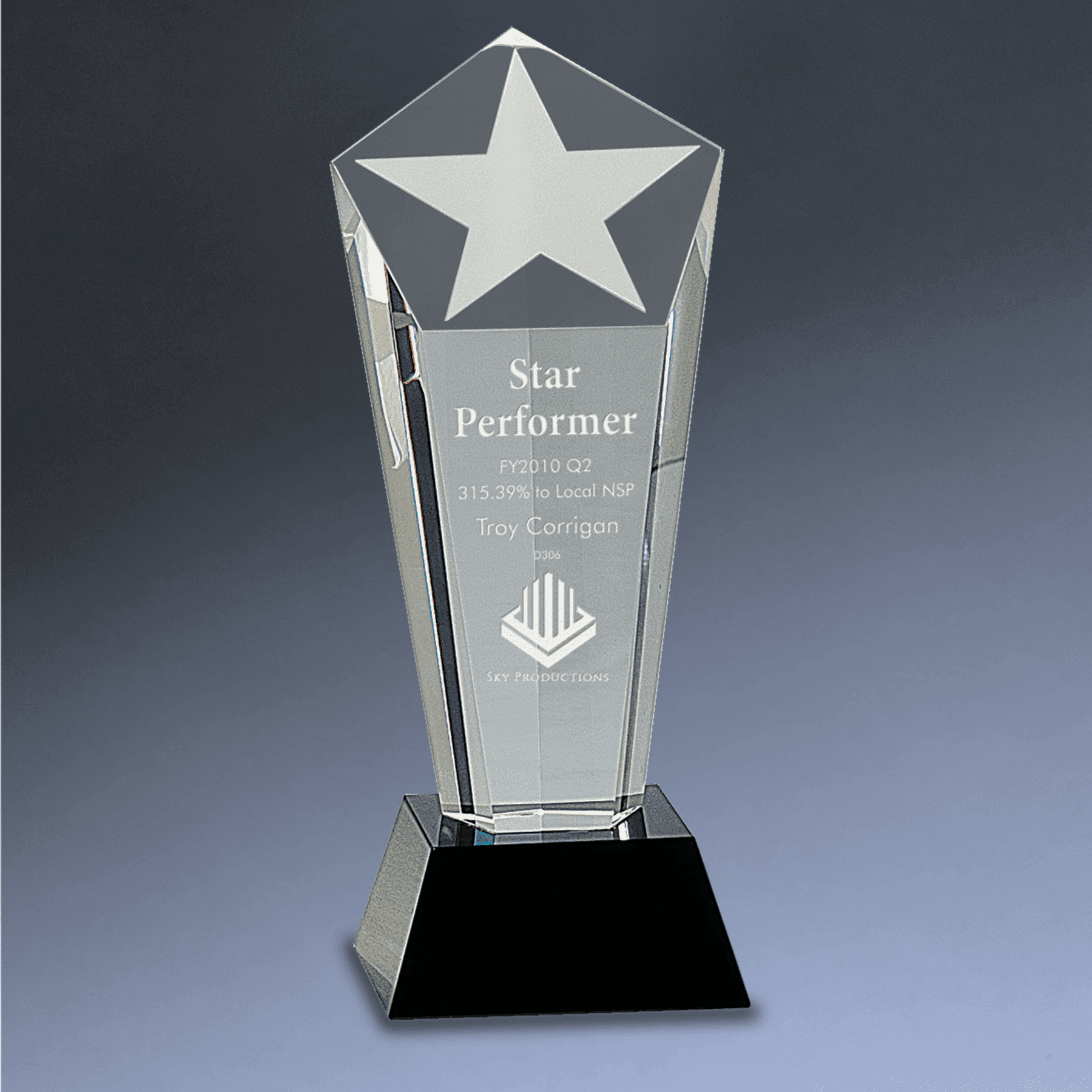 Crystal Star Awards and Paperweights with Custom Engraving Frosted Star Column / Black Crystal / 3"(L) x 8 3/4"(H)