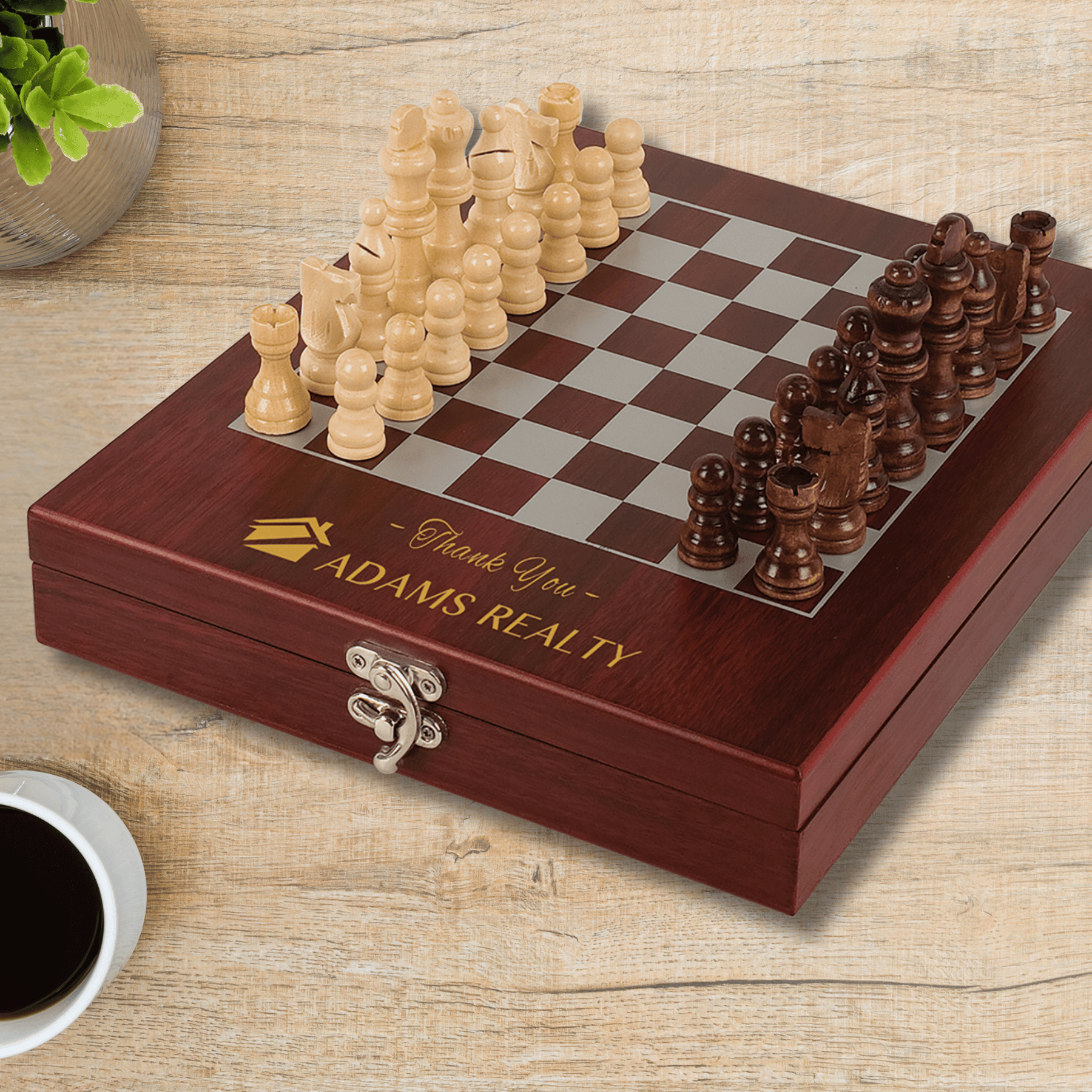 Rosewood Finish Personalized Chess Set with Custom Engraving