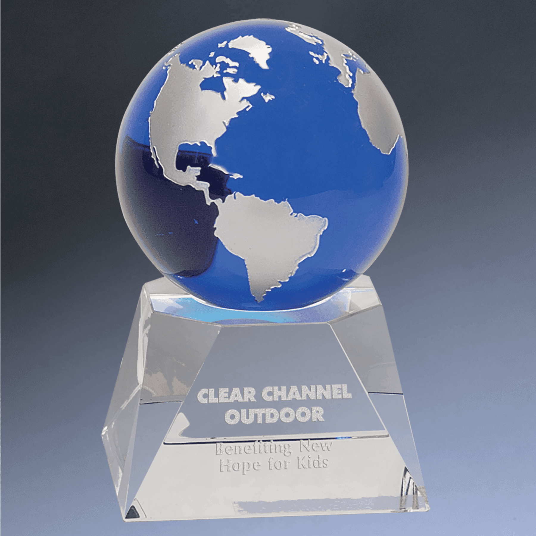 Laser Etched Crystal Globe Awards, Paperweights and Gifts Removable Recessed Globe / Blue Globe/Clear Base / 5"