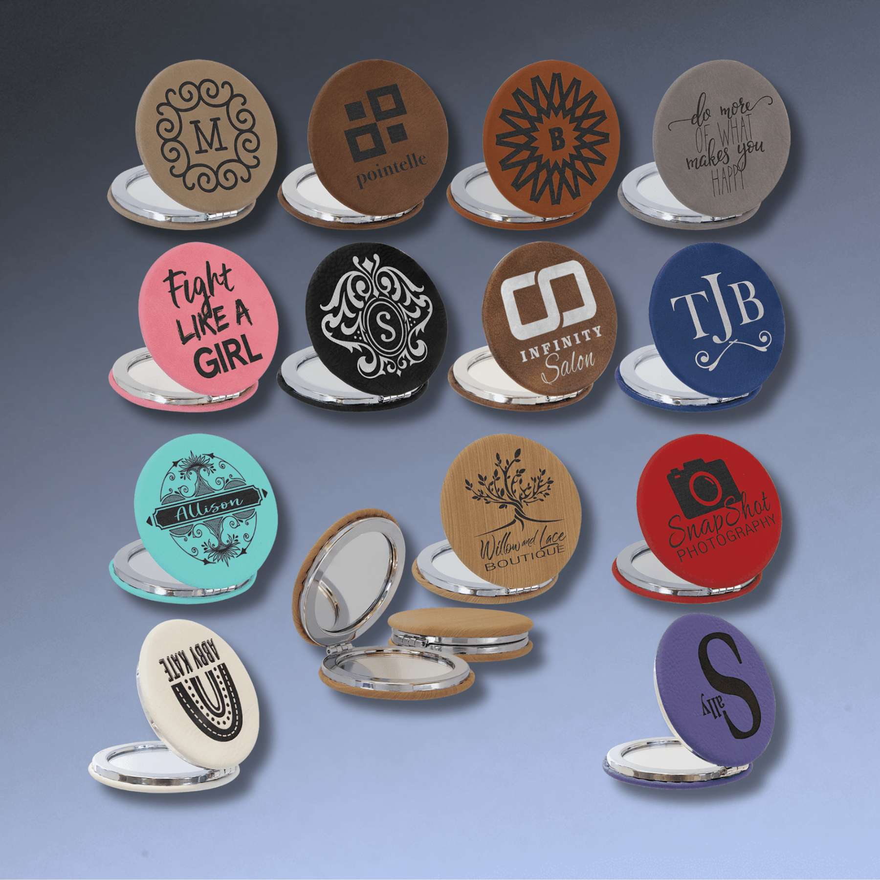 Personalized Compact Mirror With Magnifier in Leatherette Colors