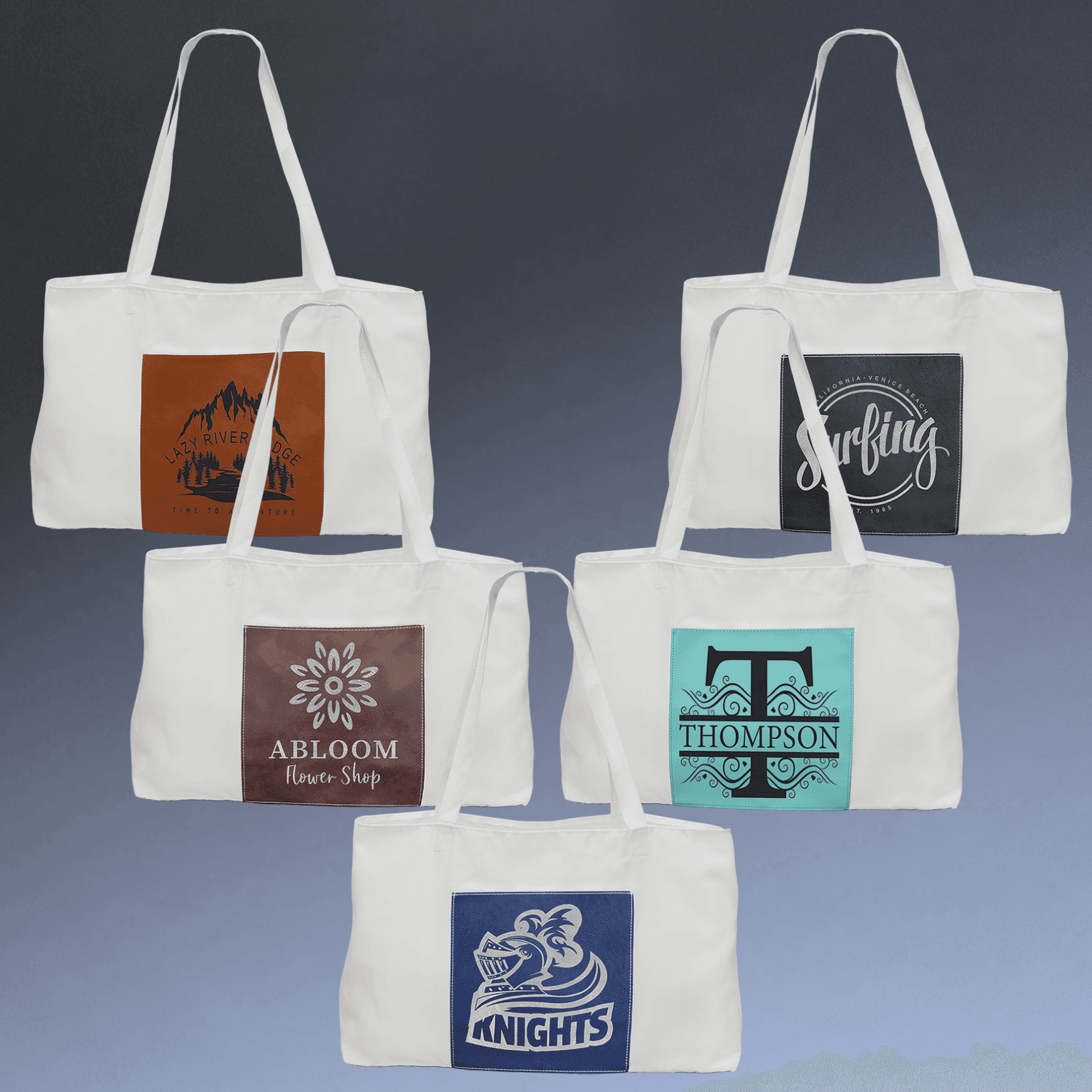 Personalized Burlap Carry Bag with 5" Gusset and Leatherette Color Trim / White Canvas