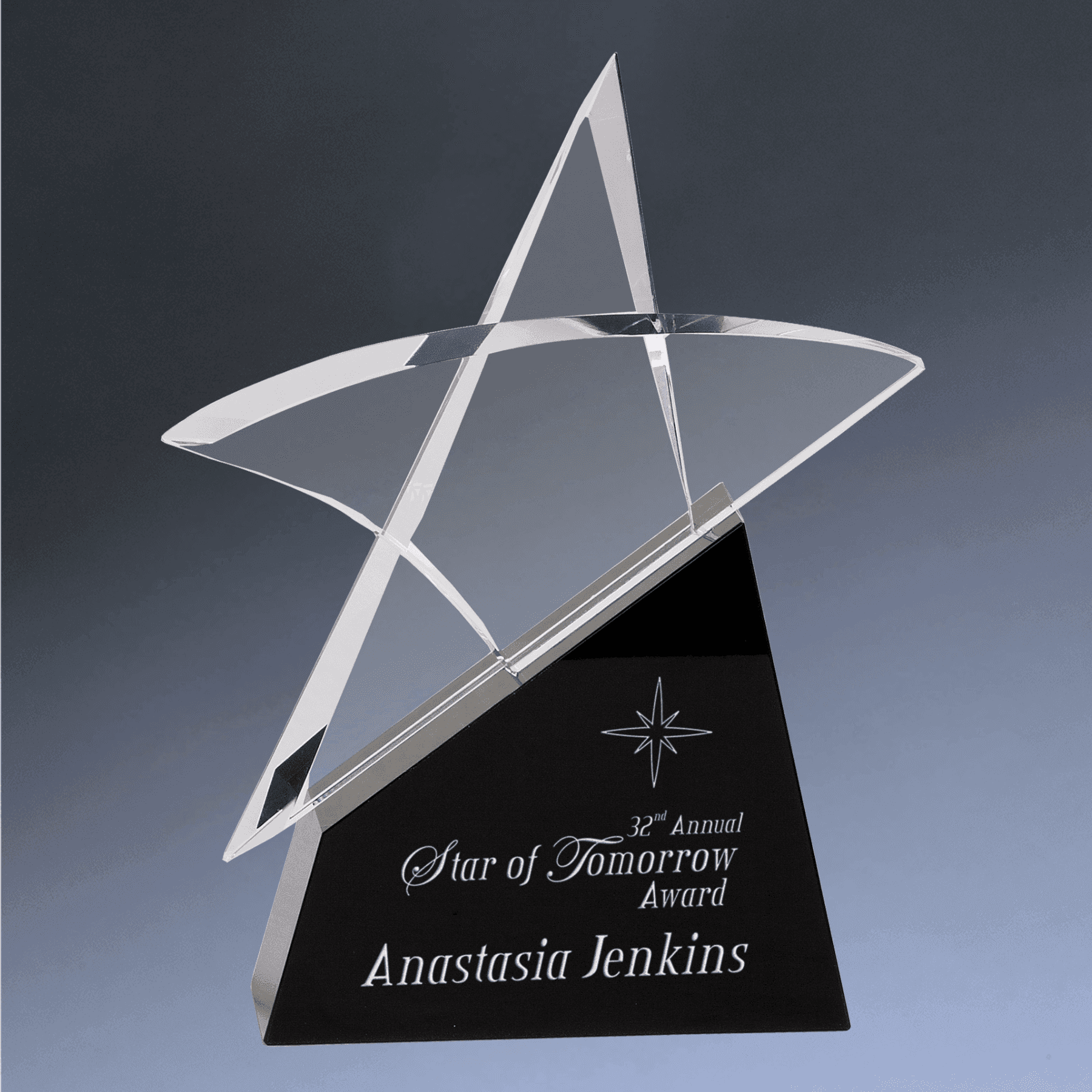 Crystal Star Awards and Paperweights with Custom Engraving Optic Crystal Star on Base / Black Crystal / 7"(L) x 8 3/4"(H)