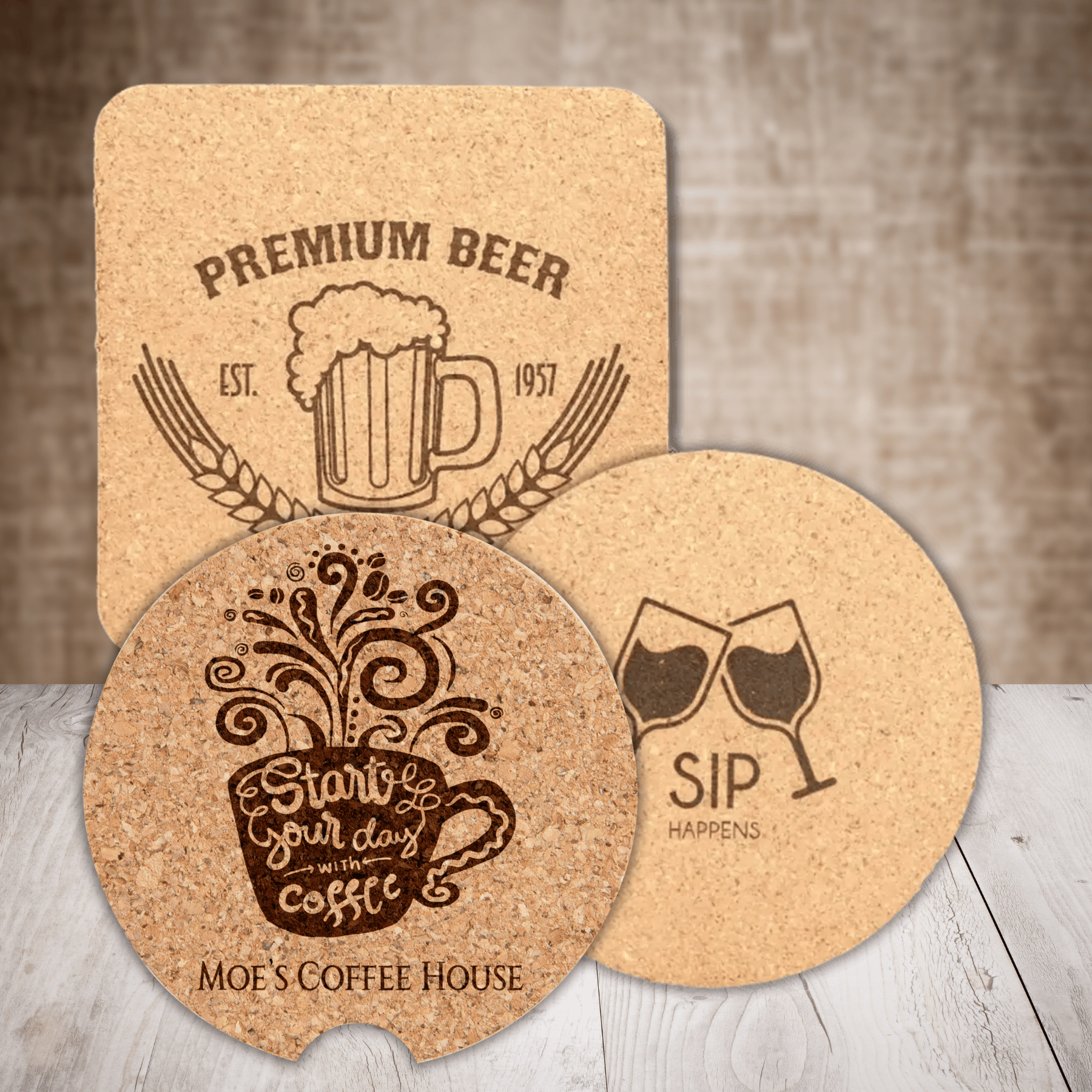 Personalized Cork Coasters, Trivets and Gift Sets