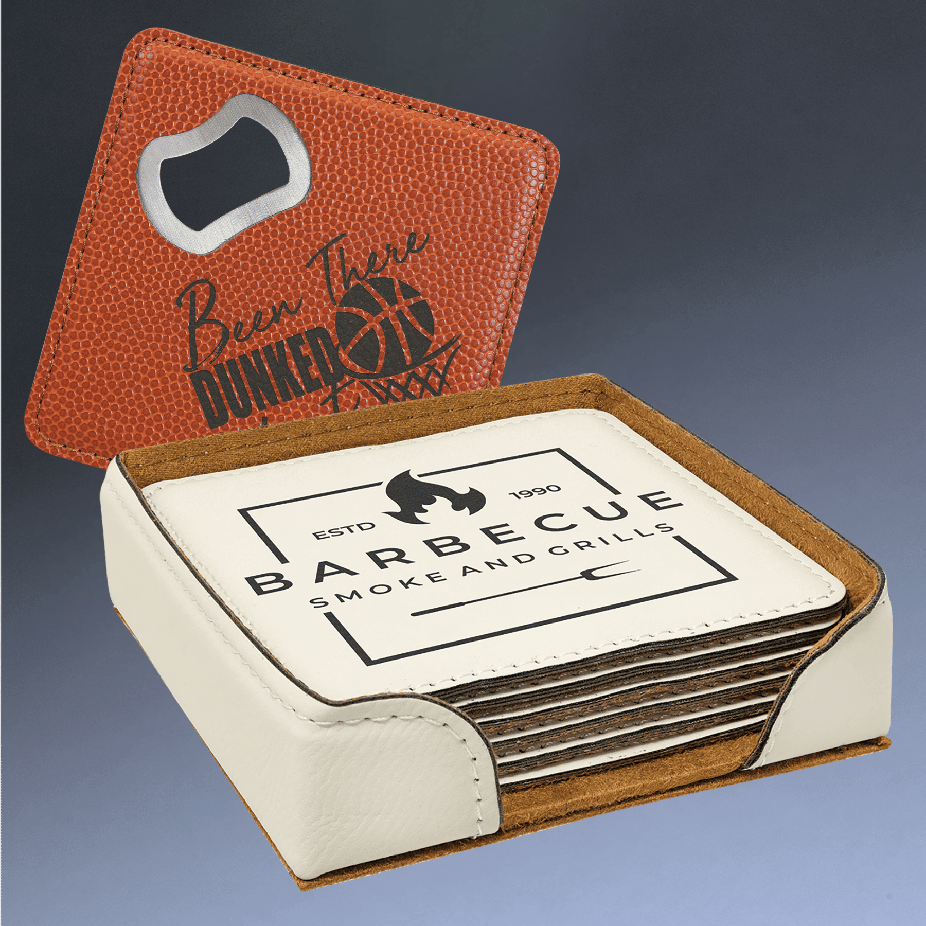 Personalized Leatherette Coaster Sets & Bottle Openers