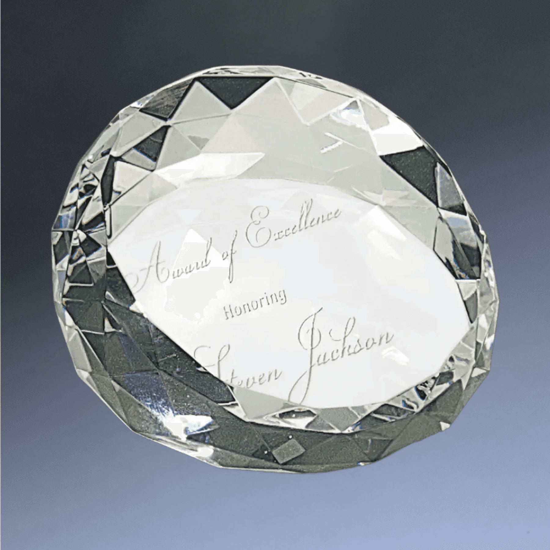 Personalized Crystal Paperweights with Frosted Etching Round Slant with Faceted Edge / 2 1/2" x 1 3/4"