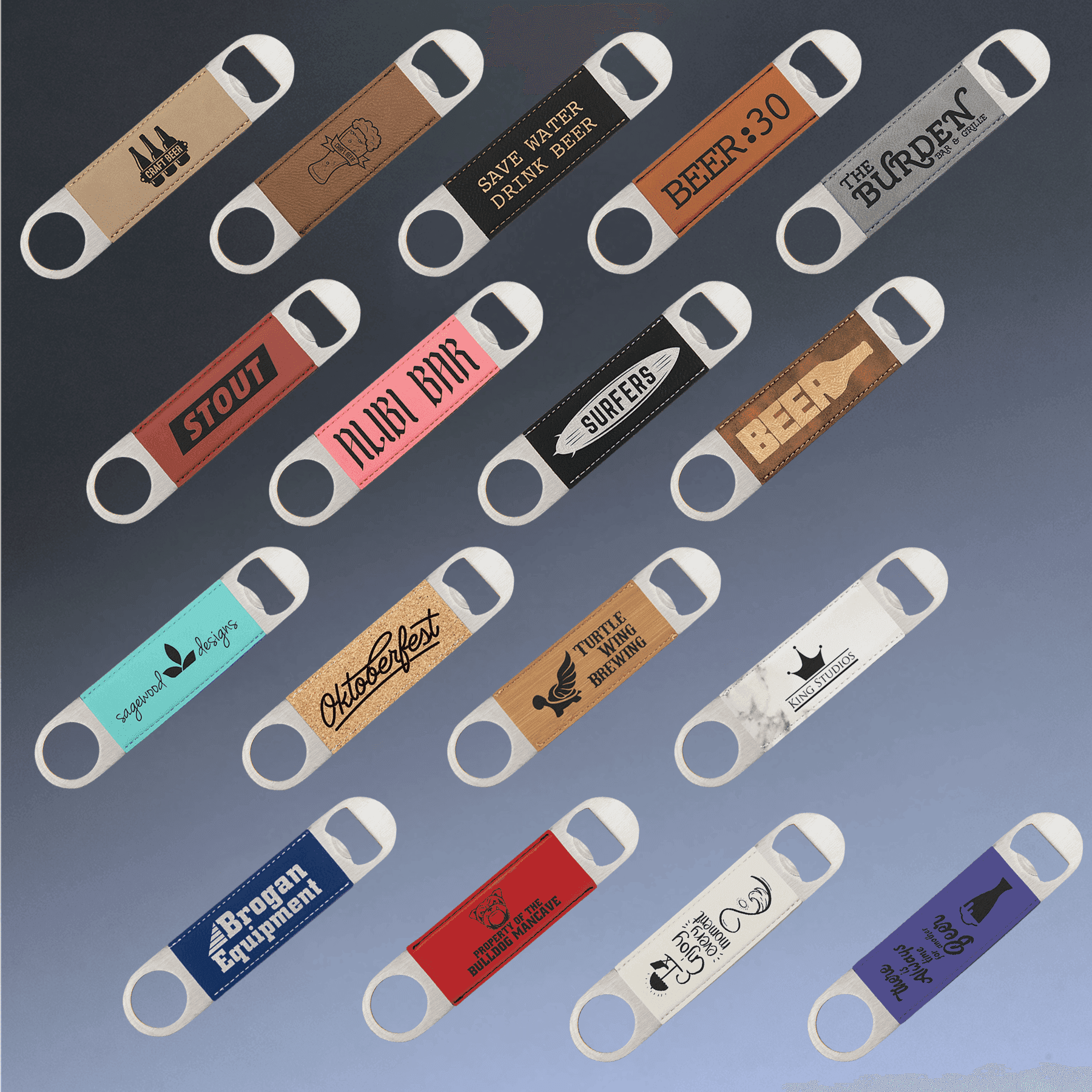 Personalized Bottle Openers - Extra Long Bar Style with Wide Ring Leatherette / Black/Silver / 7" x 1 1/2"