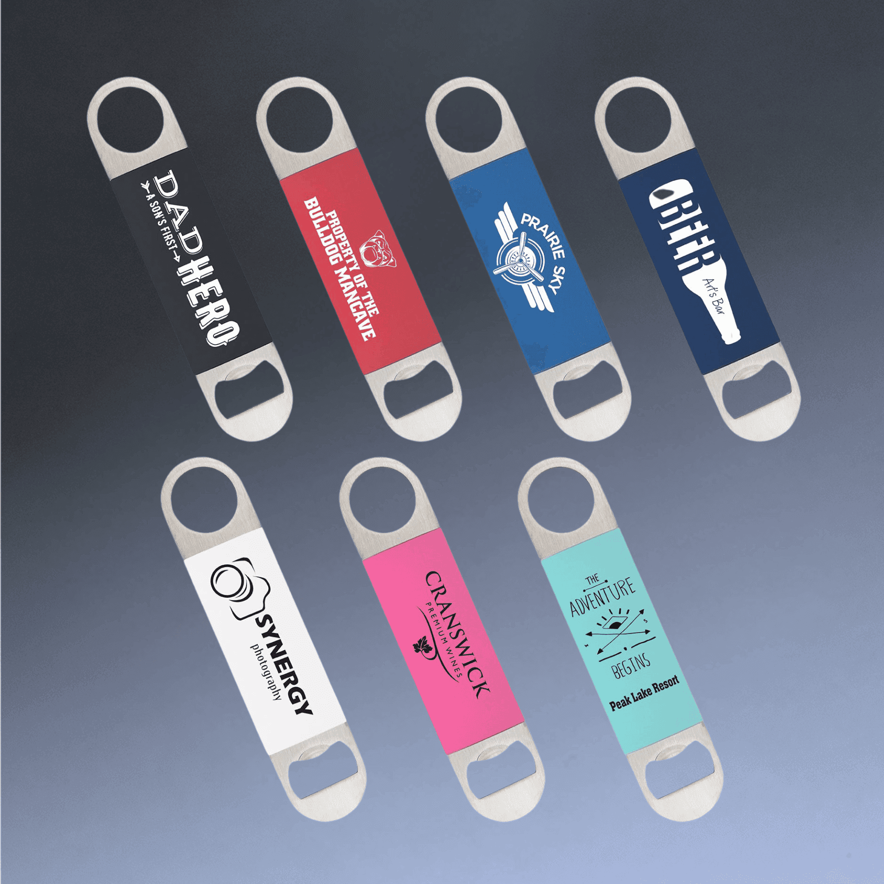 Personalized Bottle Openers - Extra Long Bar Style with Wide Ring Leatherette / Black/Silver / 7" x 1 1/2"