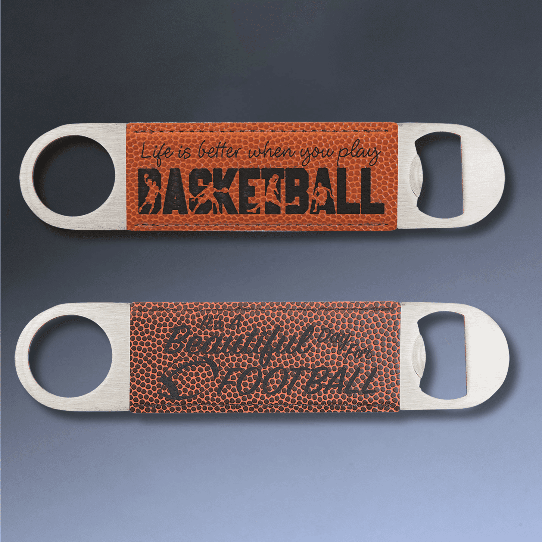 Personalized Bottle Openers - Extra Long Bar Style with Wide Ring Leatherette / Black/Silver / 7" x 1 1/2"