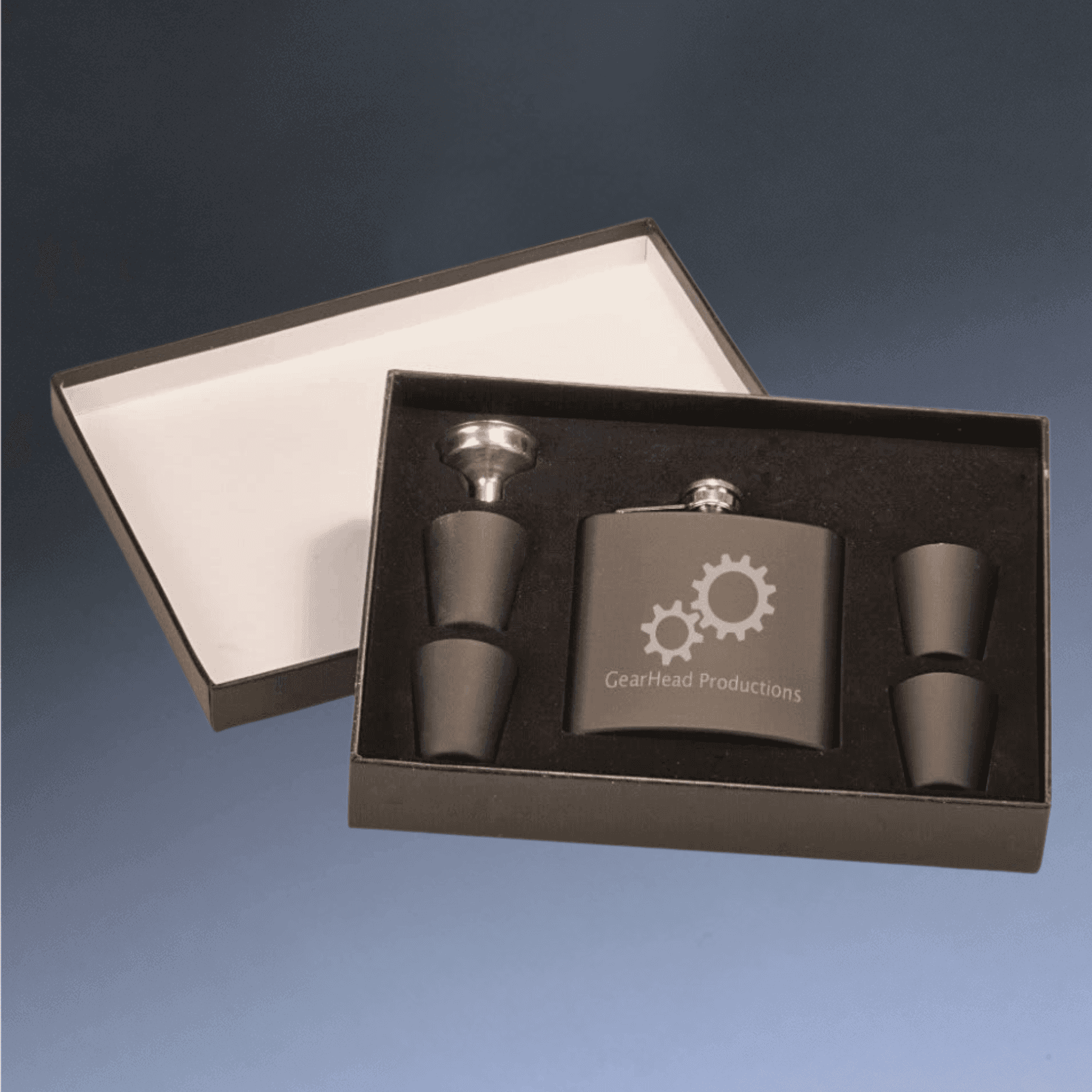 Personalized Flask Gift Sets – Custom Engraved with Funnel & Shot Glasses Black Presentation Box / With 4 Shot Glasses and Funnel / Matte Black