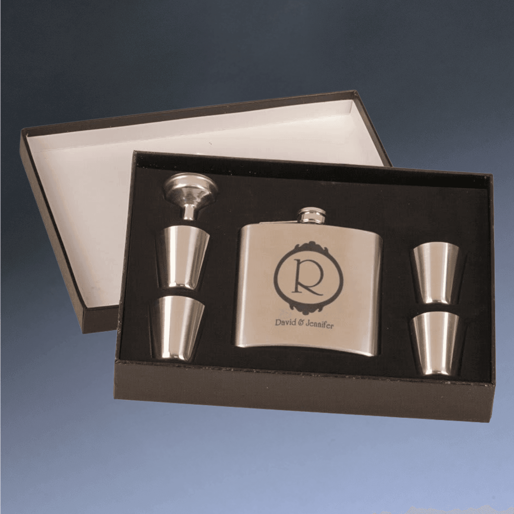 Personalized Flask Gift Sets – Custom Engraved with Funnel & Shot Glasses Black Presentation Box / With 4 Shot Glasses and Funnel / Matte Black