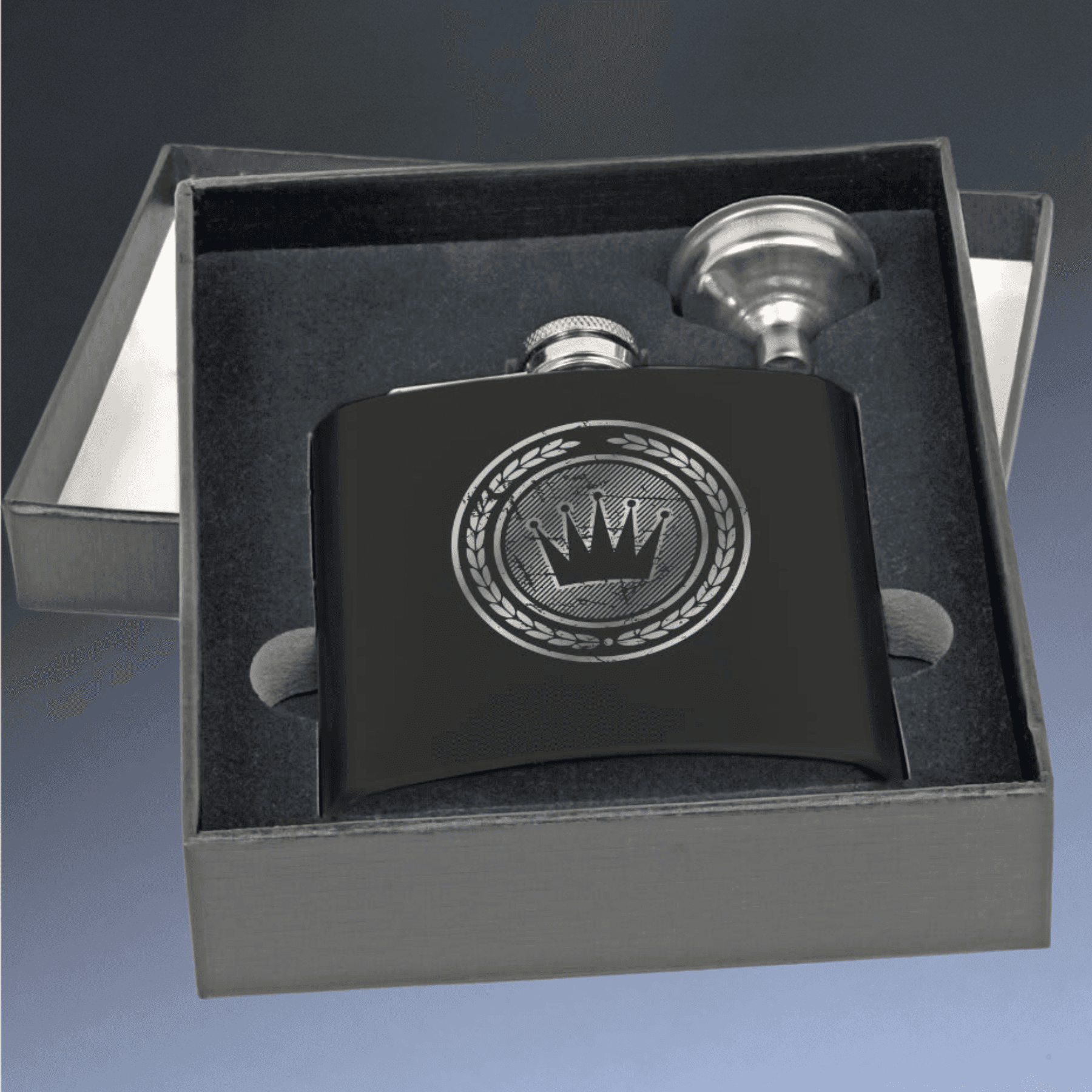 Personalized Flask Gift Sets – Custom Engraved with Funnel & Shot Glasses Black Presentation Box / With 4 Shot Glasses and Funnel / Matte Black