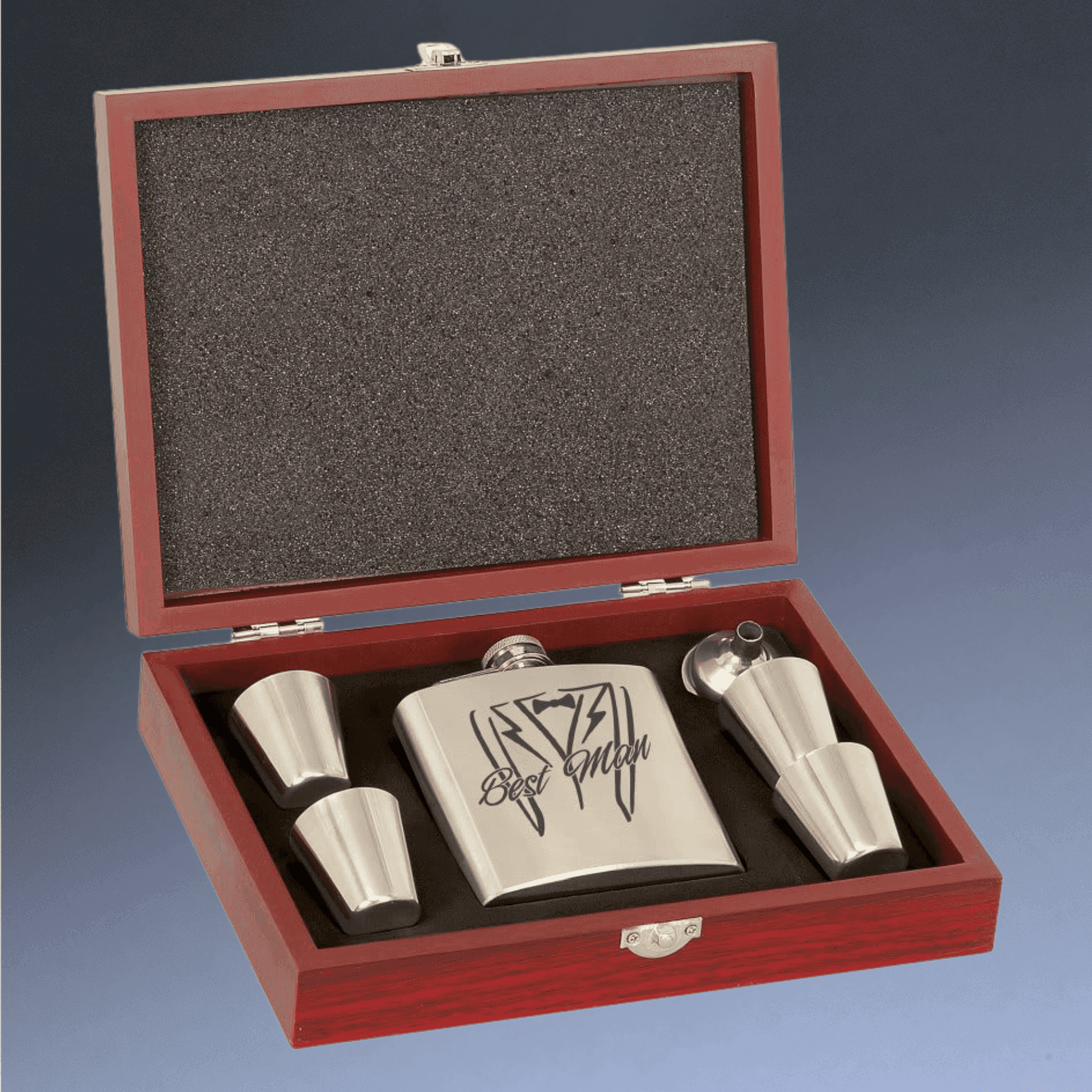 Personalized Flask Gift Sets – Custom Engraved with Funnel & Shot Glasses Black Presentation Box / With 4 Shot Glasses and Funnel / Matte Black