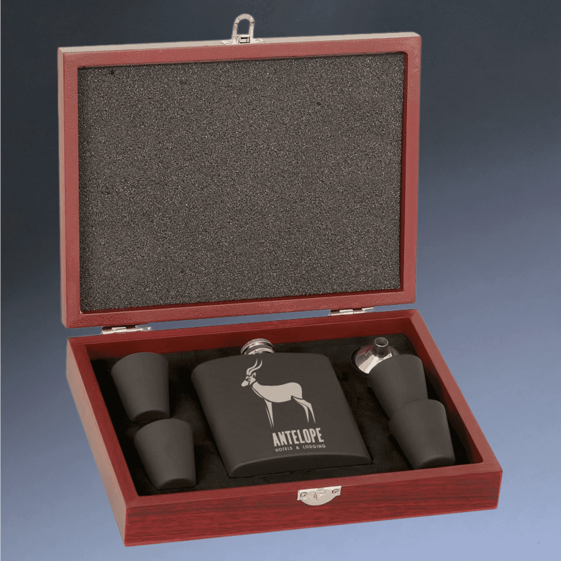 Personalized Flask Gift Sets – Custom Engraved with Funnel & Shot Glasses Black Presentation Box / With 4 Shot Glasses and Funnel / Matte Black