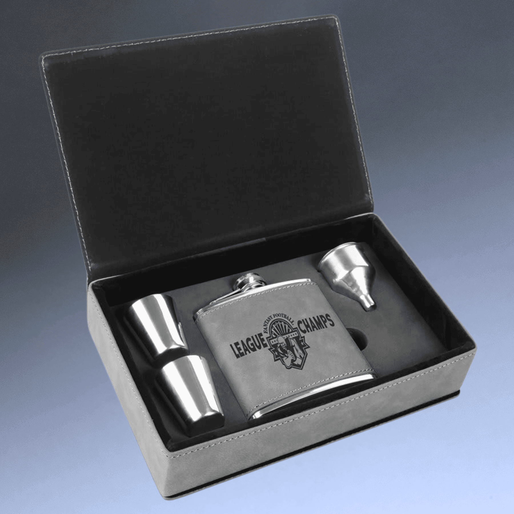Personalized Flask Gift Sets – Custom Engraved with Funnel & Shot Glasses Black Presentation Box / With 4 Shot Glasses and Funnel / Matte Black