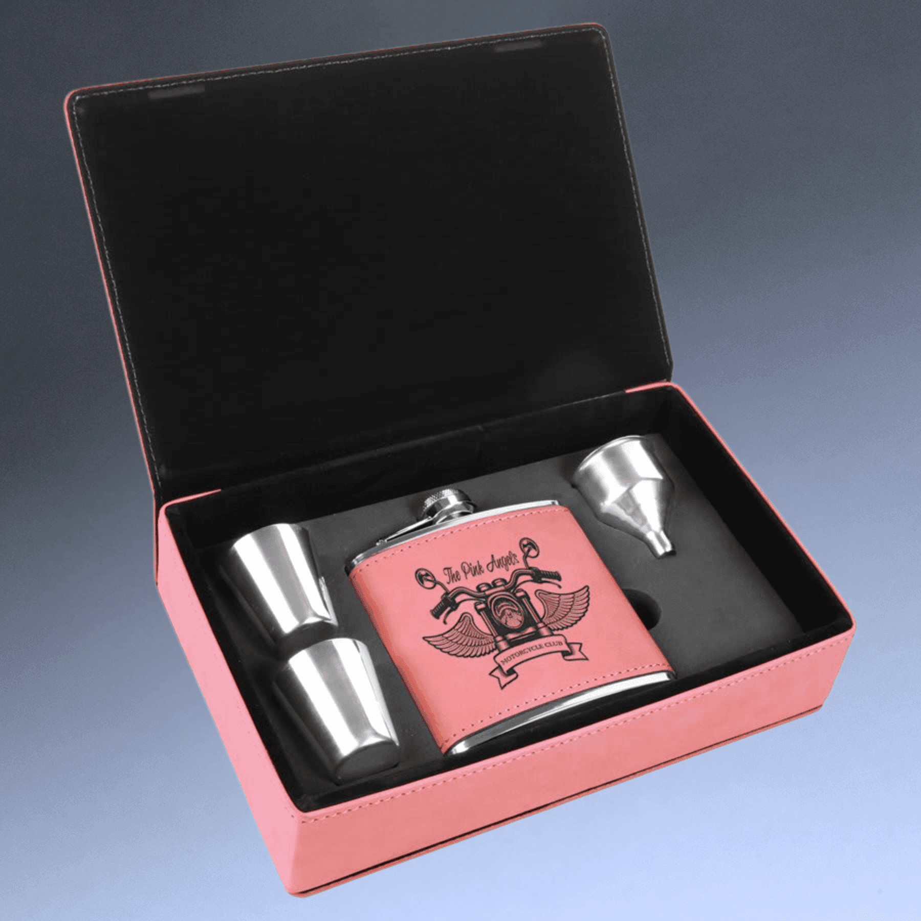 Personalized Flask Gift Sets – Custom Engraved with Funnel & Shot Glasses Black Presentation Box / With 4 Shot Glasses and Funnel / Matte Black