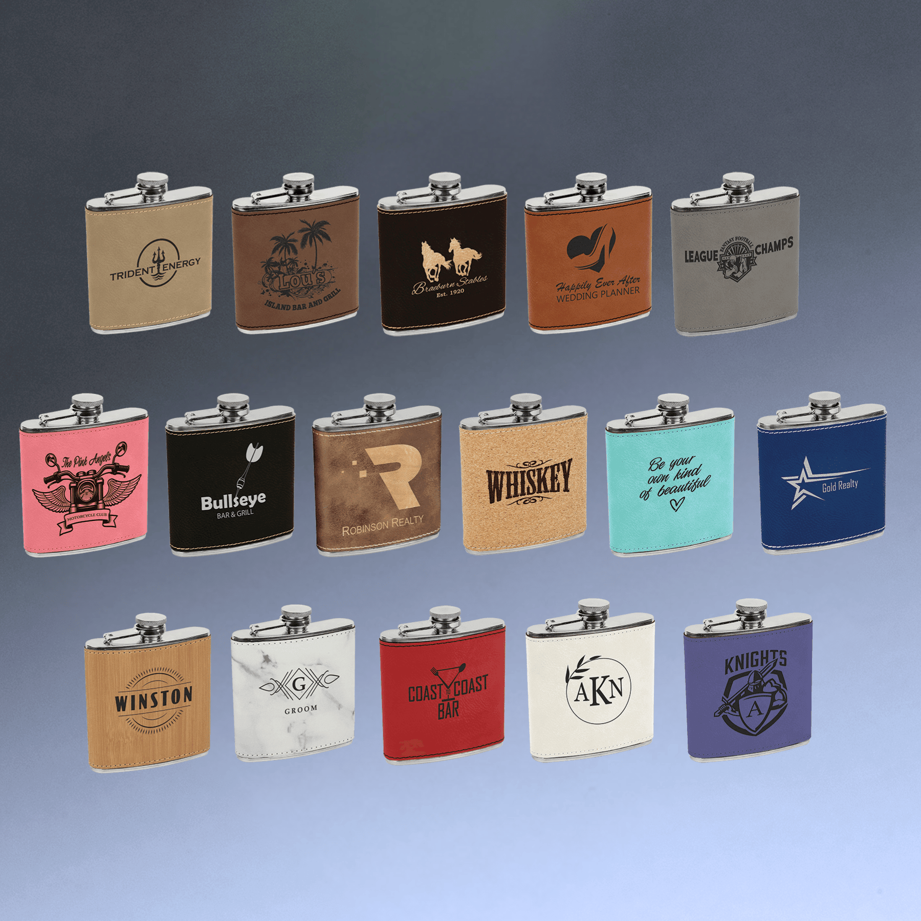 Personalized Flasks – 6 oz. Stainless with Leatherette & Cork Wraps