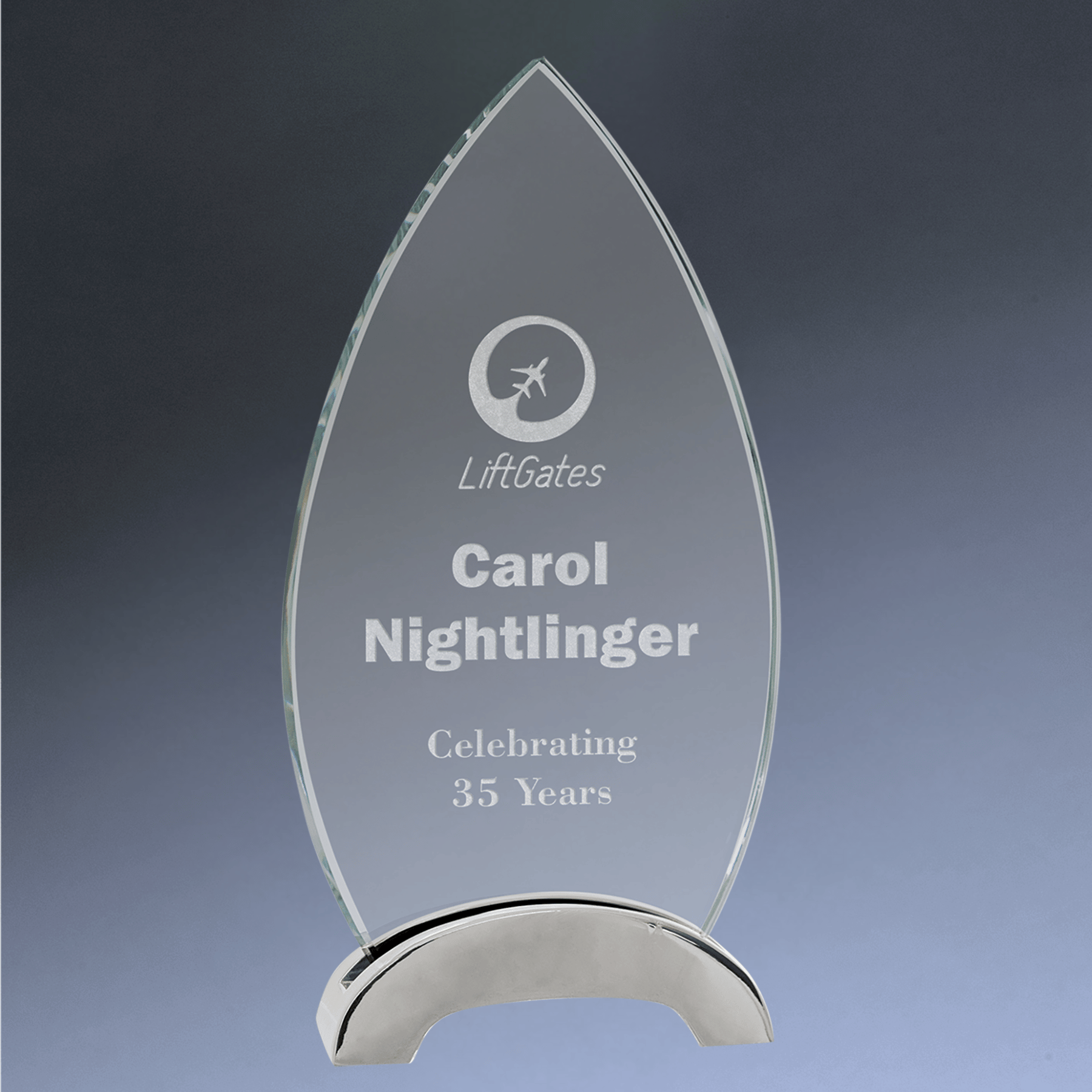 Platinum Glass Awards on Silver Aluminum Base – Custom Engraved
