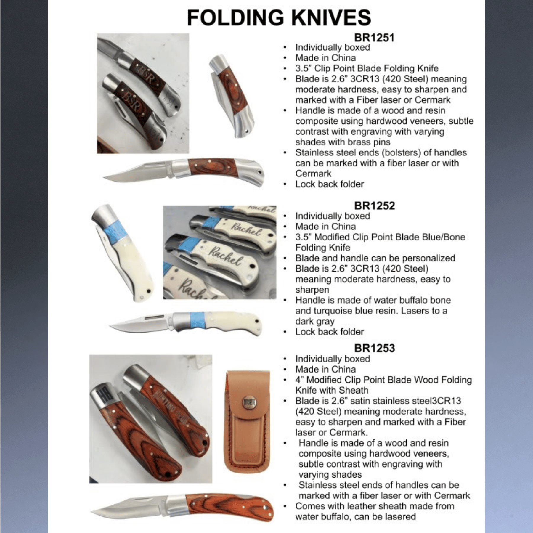 Engraved Bison River Folding Knife - Stainless Steel Blade Lock Back Blade - Pakkawood Handle / 3 1/2"(L) closed 6 1/2" (L) open / Stainless Steel