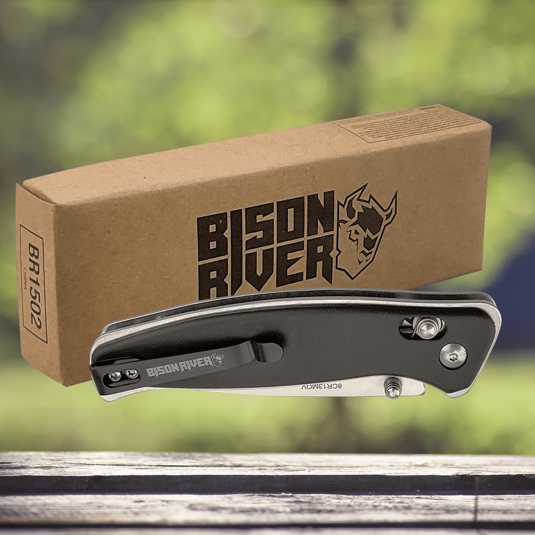 Engraved Bison River Folding Knife - Stainless Steel Blade Button Lock and Clip - Black Anodized Aluminum / 4 1/2"(L) closed 8"(L) open / Stainless Steel