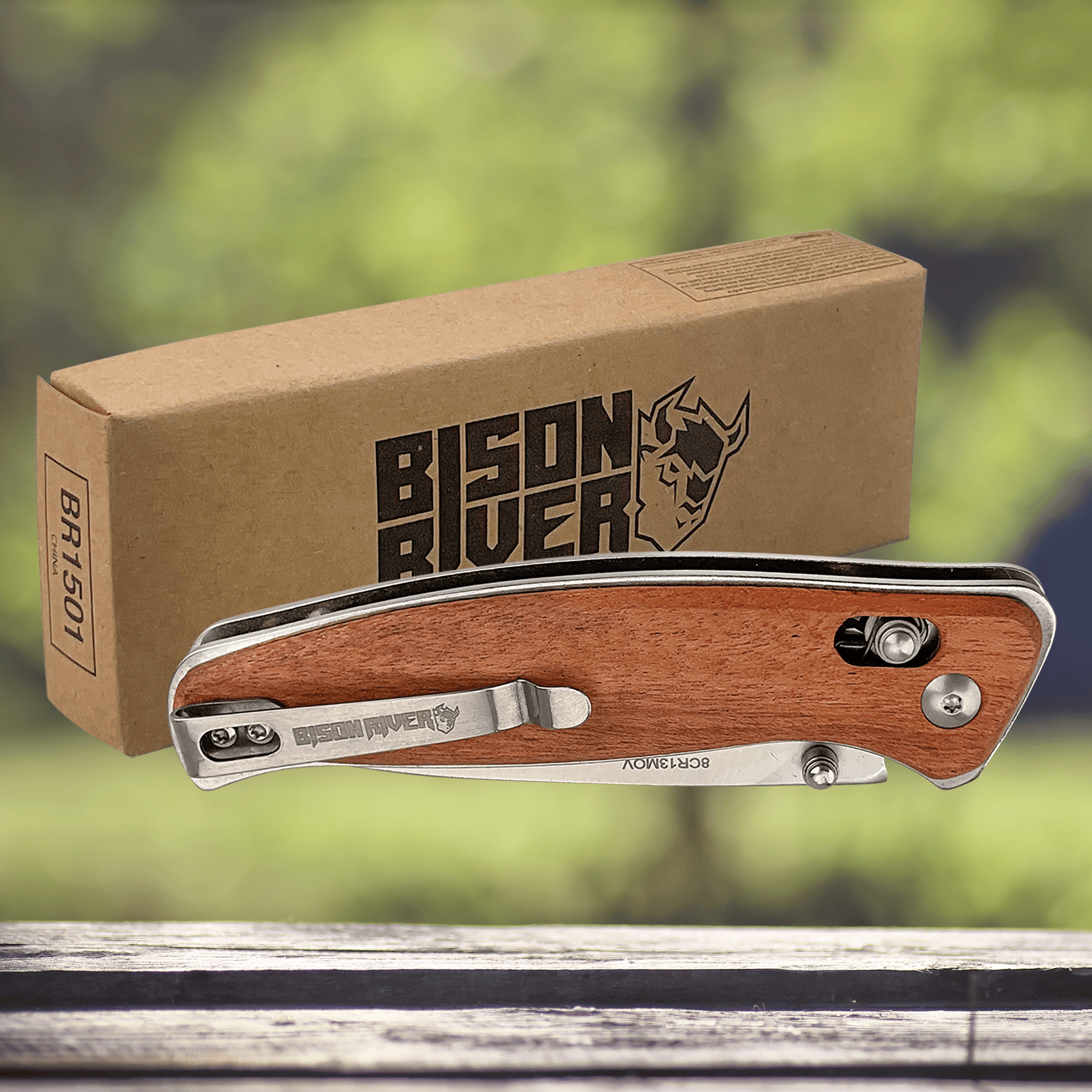 Engraved Bison River Folding Knife - Stainless Steel Blade Button Lock and Clip - Padauk Wood / 4 1/2"(L) closed 8"(L) open / Stainless Steel