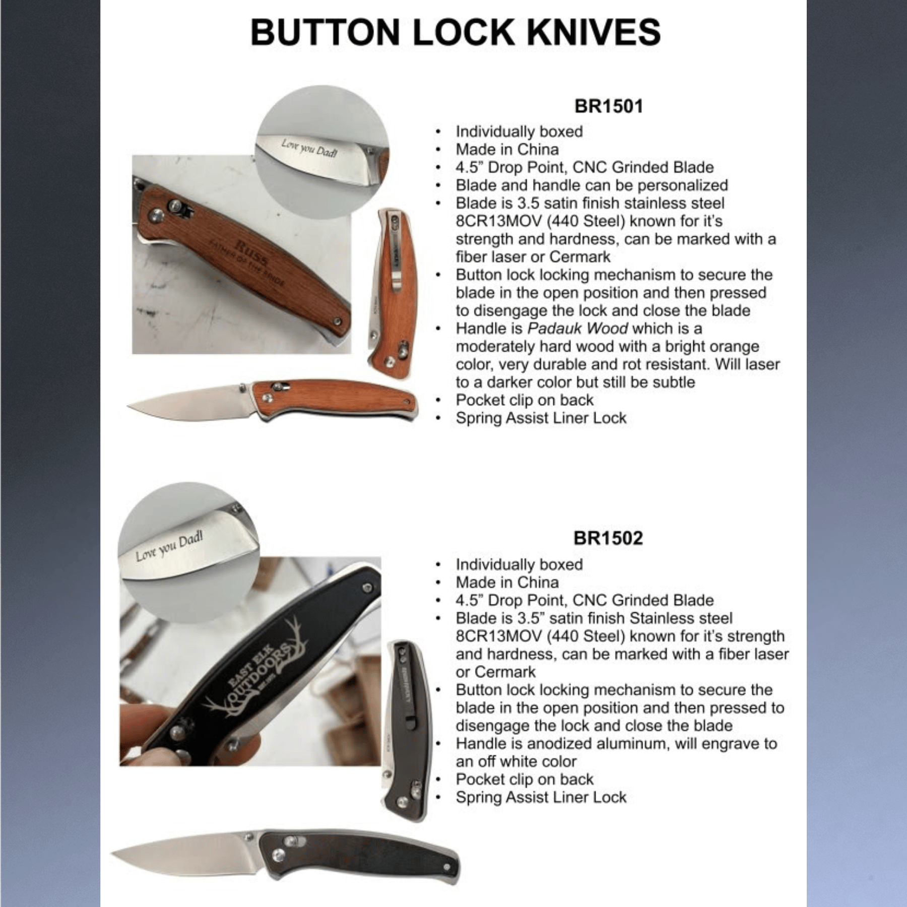 Engraved Bison River Folding Knife - Stainless Steel Blade Lock Back Blade - Pakkawood Handle / 3 1/2"(L) closed 6 1/2" (L) open / Stainless Steel