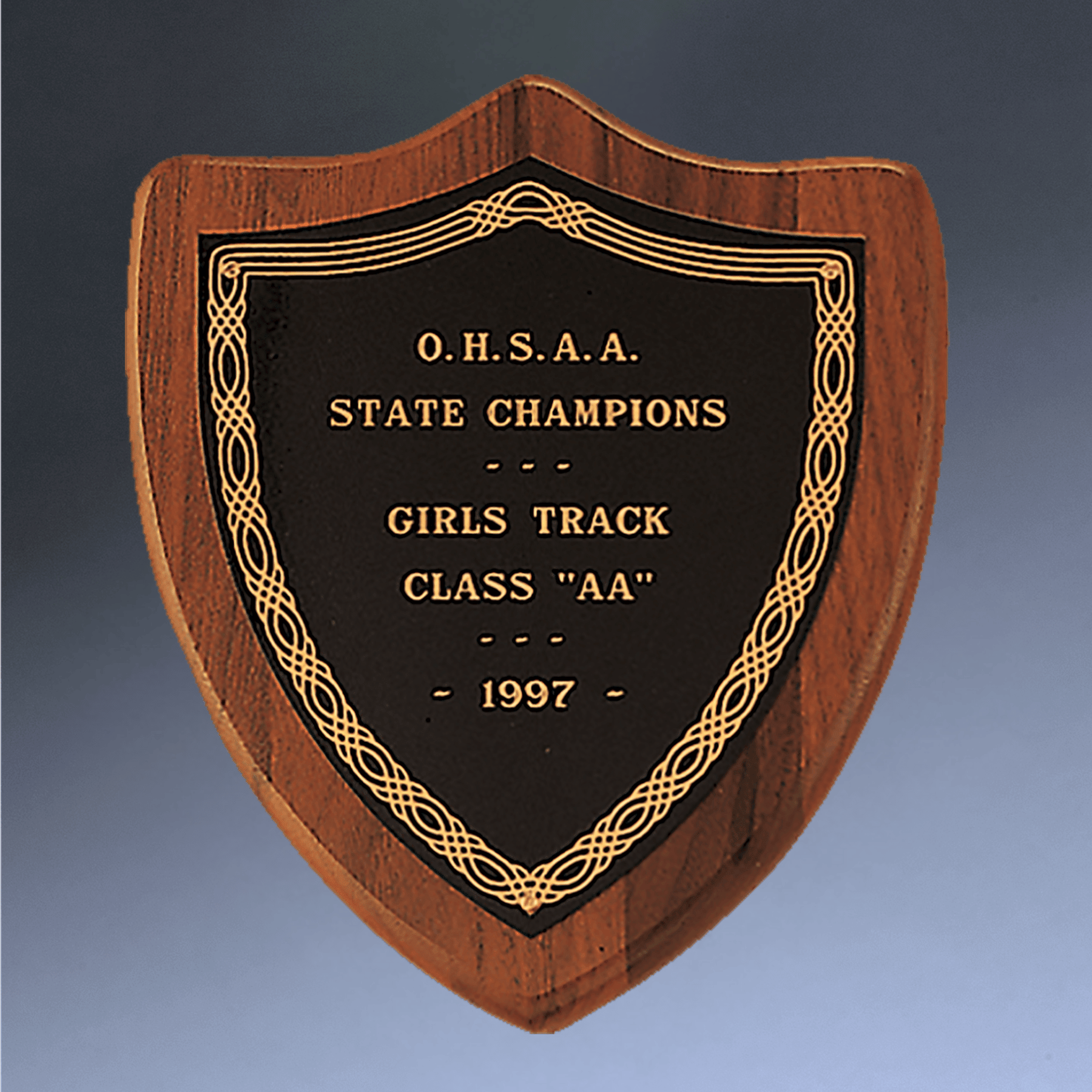 American Walnut Shield Plaque | Black & Gold Brass Shield Plate With Gold Jewelers Border / Crest / 7" x 8"