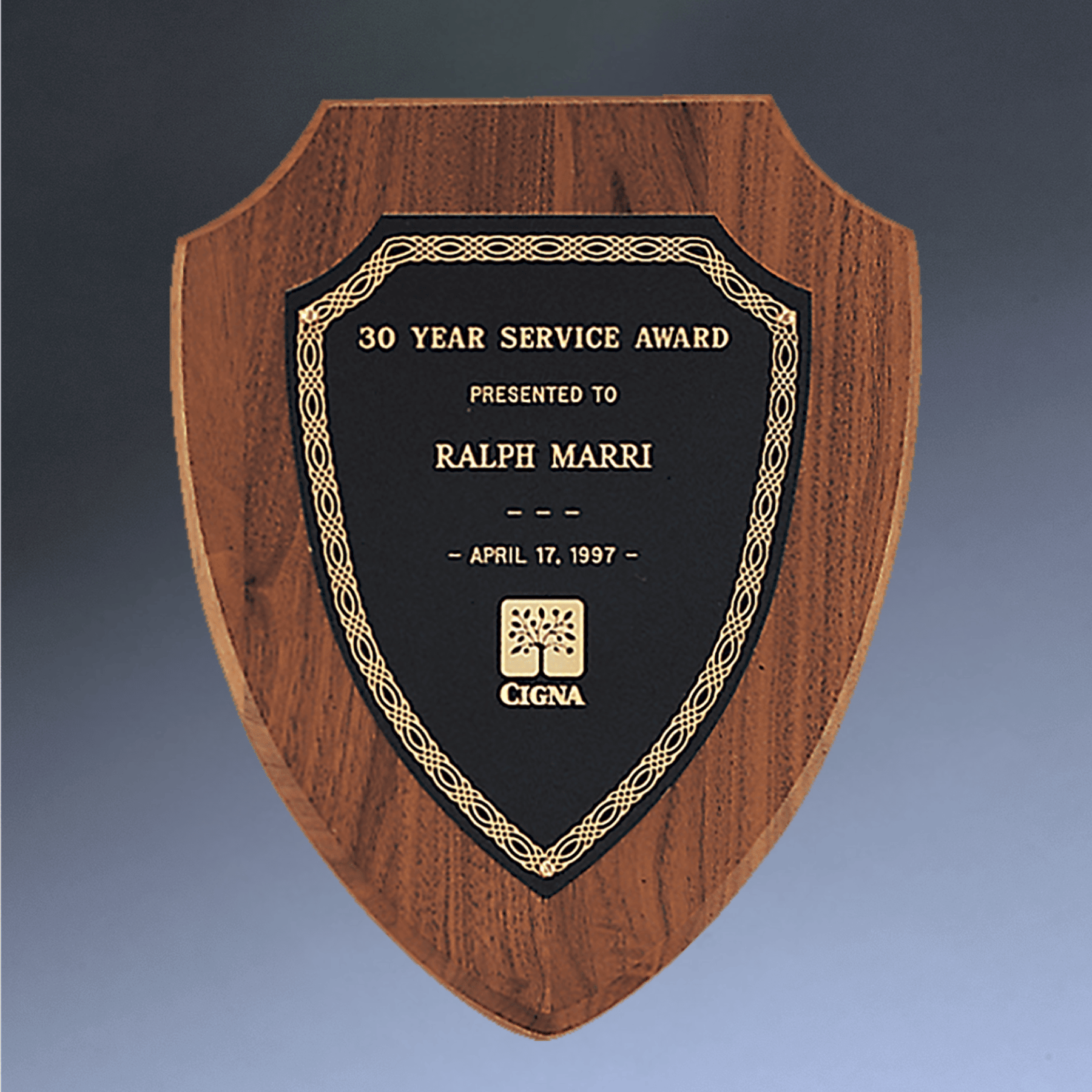American Walnut Shield Plaque | Black & Gold Brass Shield Plate With Gold Jewelers Border / Classic / 7 1/4" x 9"