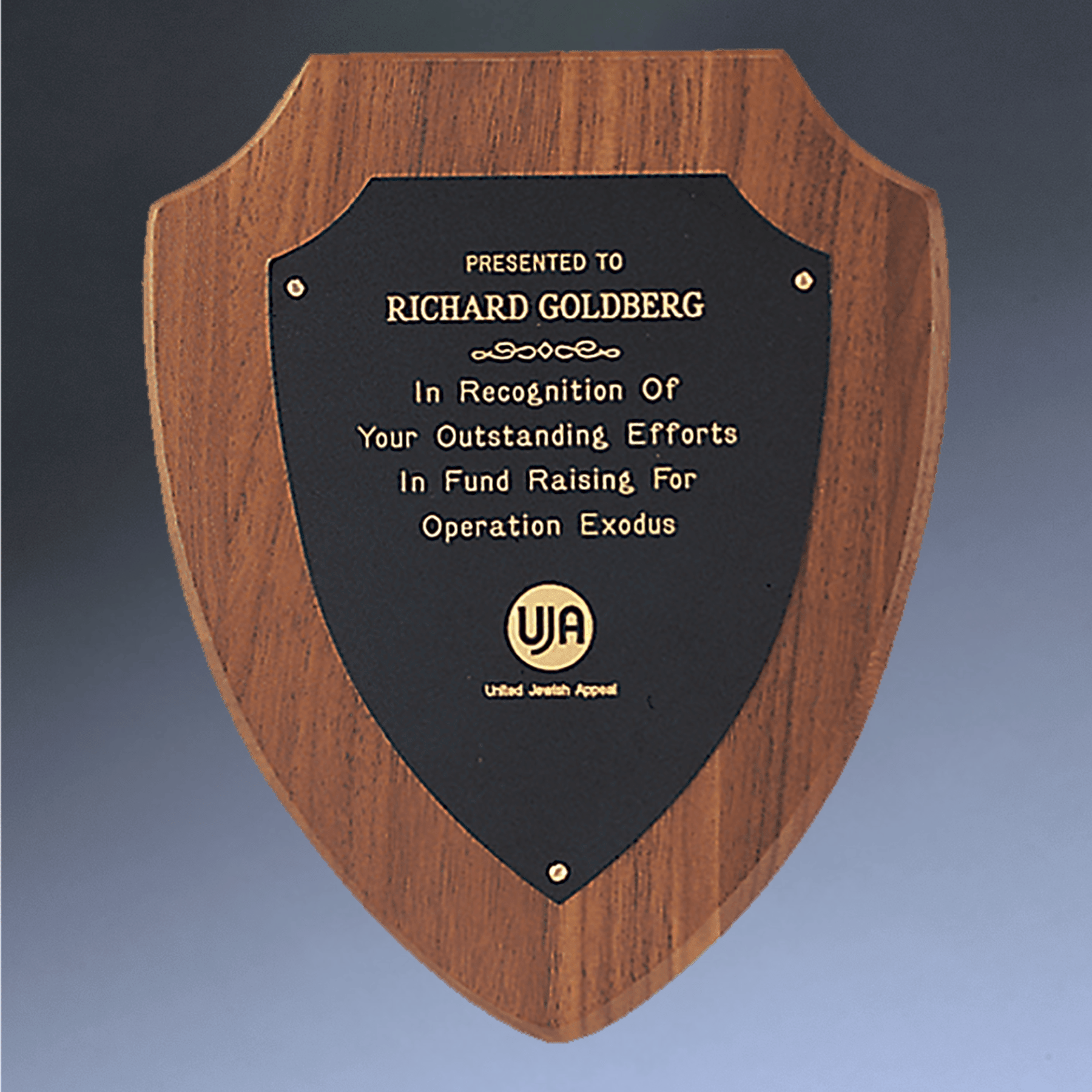 American Walnut Shield Plaque | Black & Gold Brass Shield Plate Solid Black Plate / Classic / 6" x 7 1/2"
