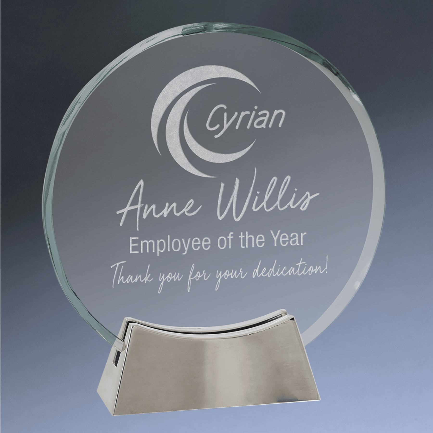 Platinum Glass Awards on Silver Aluminum Base – Custom Engraved