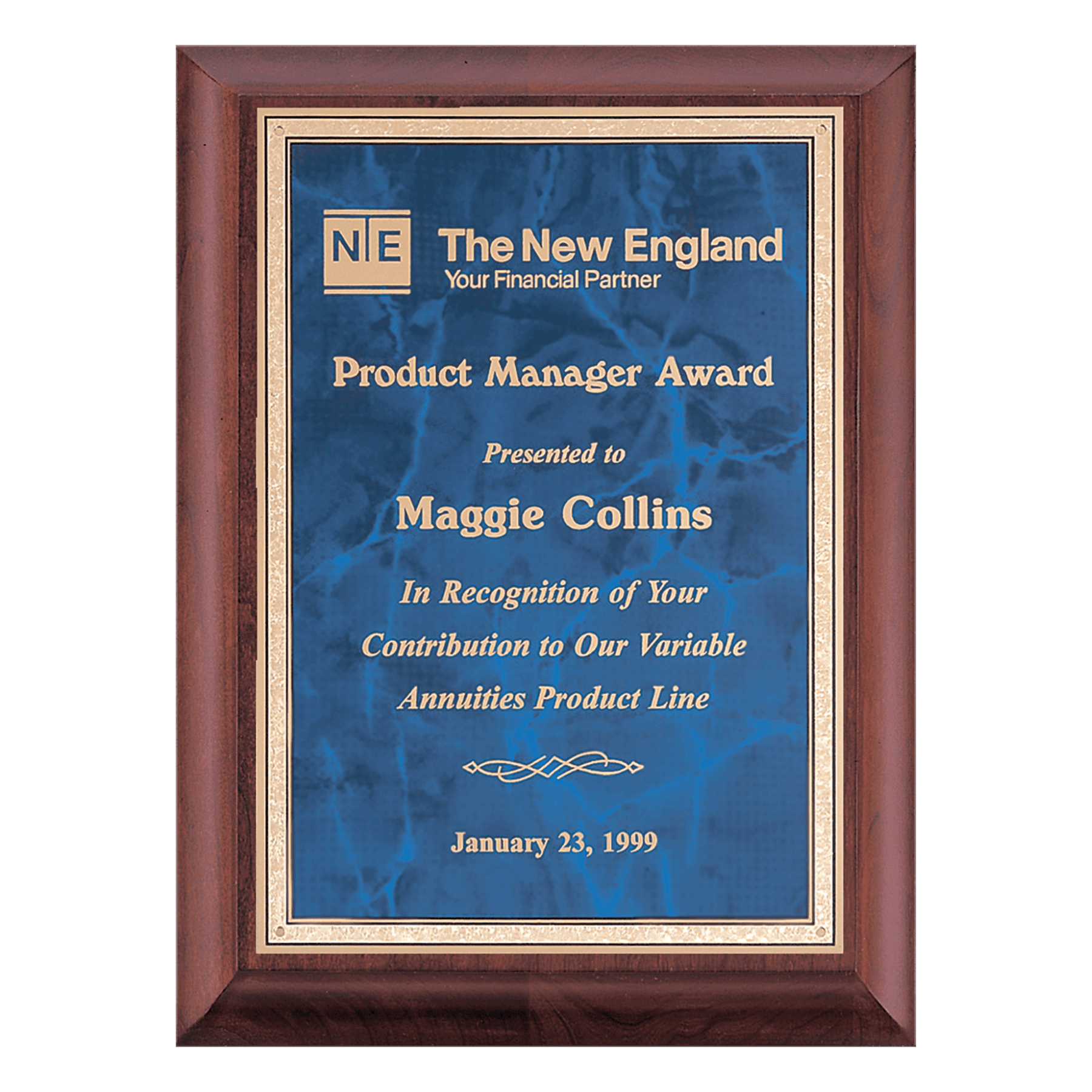 Cherry Wood Recognition Plaque with Marbleized Plate Sapphire (Blue) / 7 x 9 / Gold Florentine Border