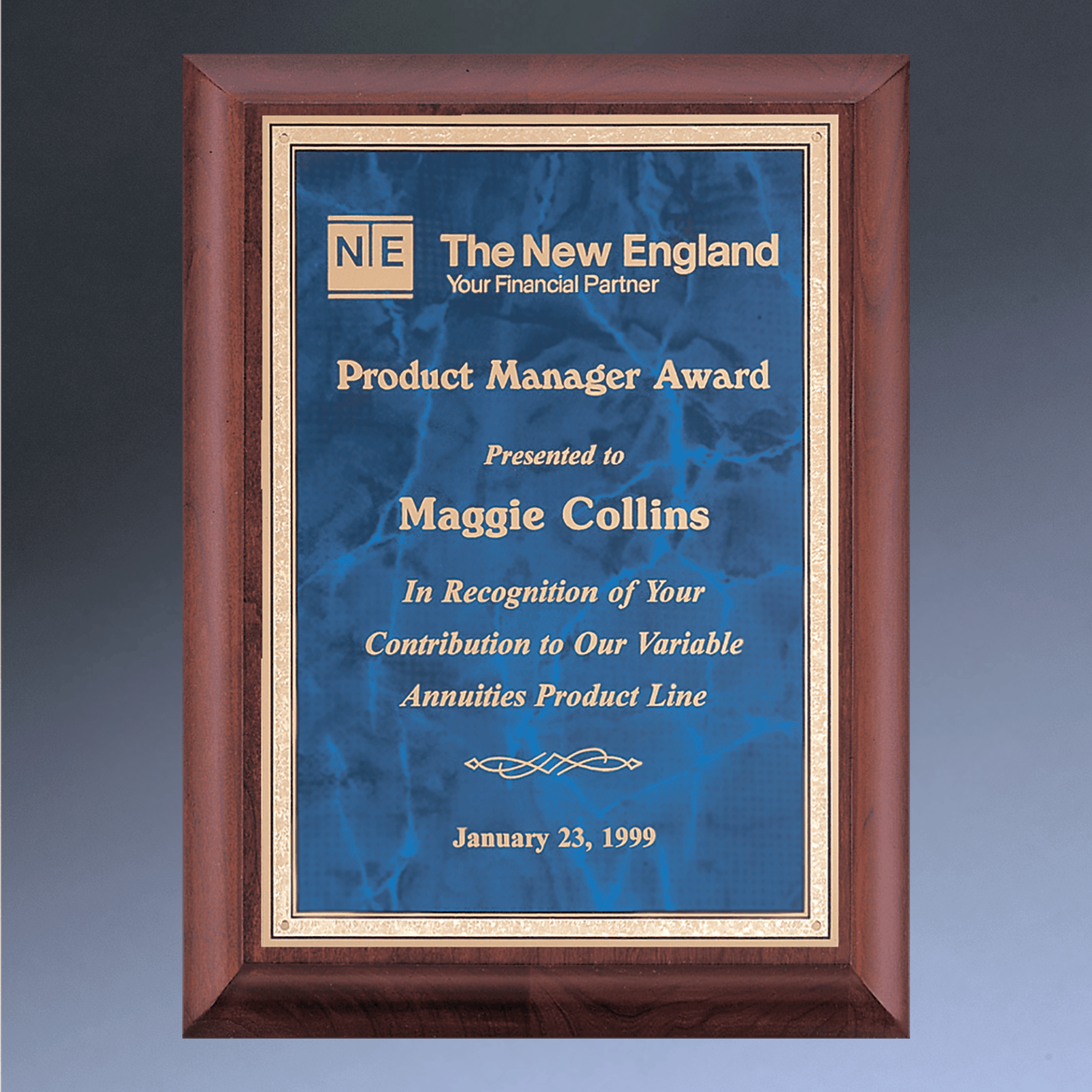 Cherry Wood Recognition Plaque with Marbleized Plate Sapphire (Blue) / 7 x 9 / Gold Florentine Border