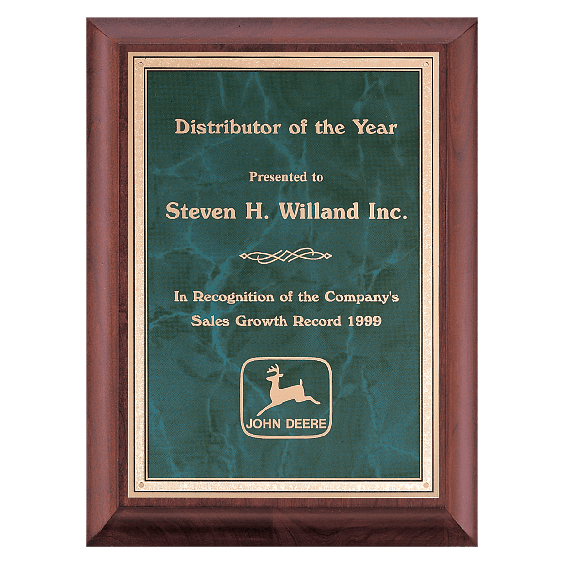 Cherry Wood Recognition Plaque with Marbleized Plate Emerald (Green) / 7 x 9 / Gold Florentine Border