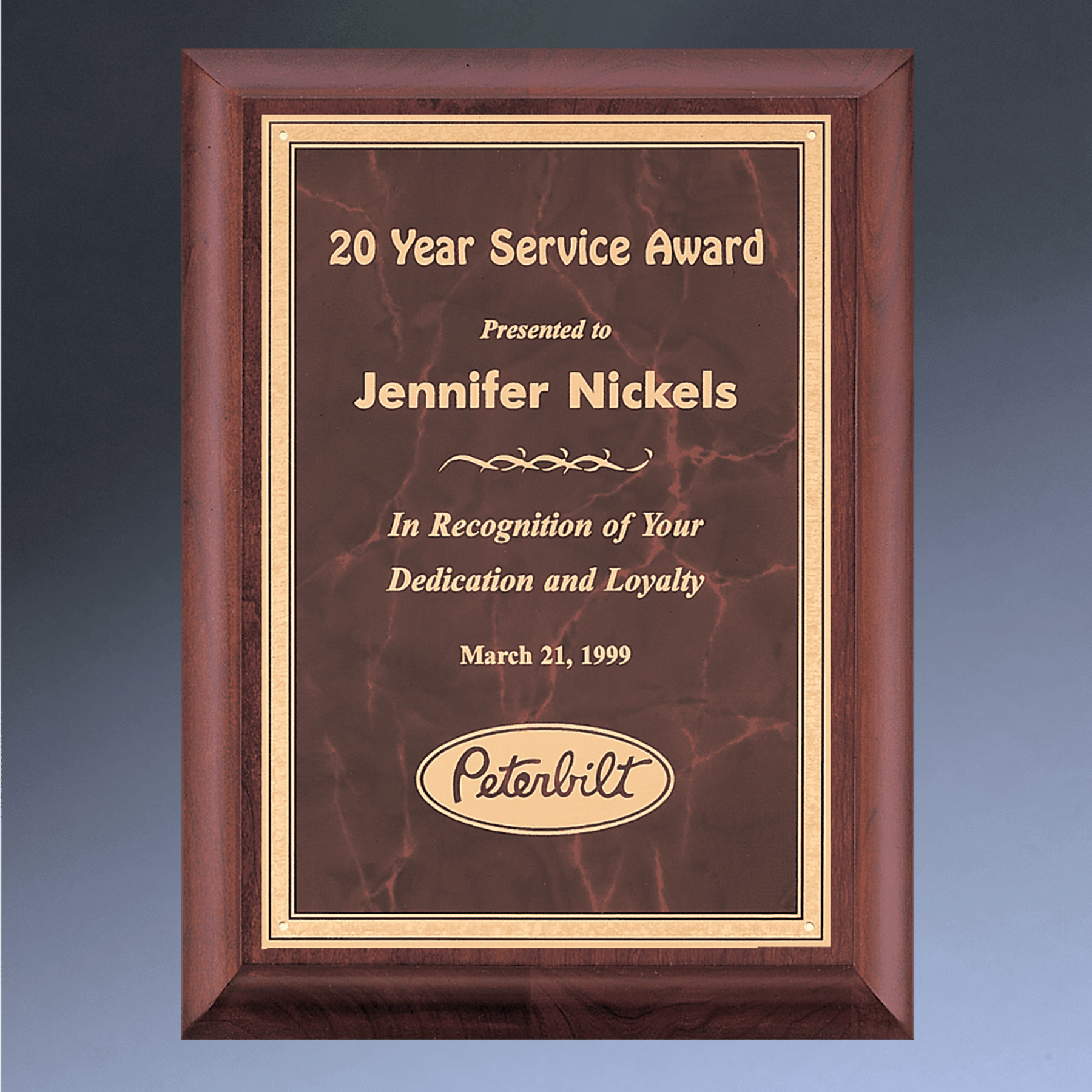 Cherry Wood Recognition Plaque with Marbleized Plate Sapphire (Blue) / 7 x 9 / Gold Florentine Border