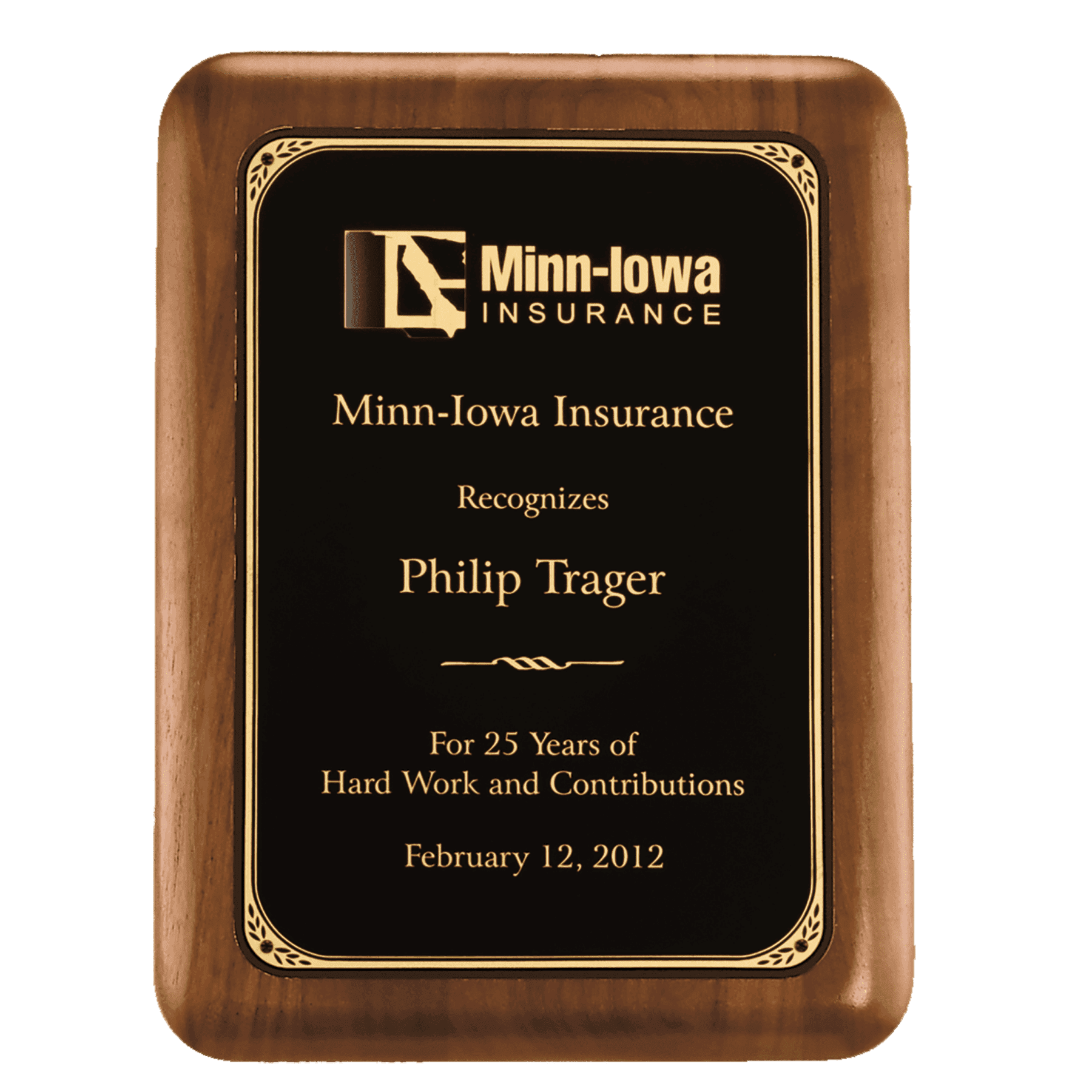 American Walnut Recognition Plaques with Florentine Brass Plates Decorative Border / Rounded Corners / 5" x 7"