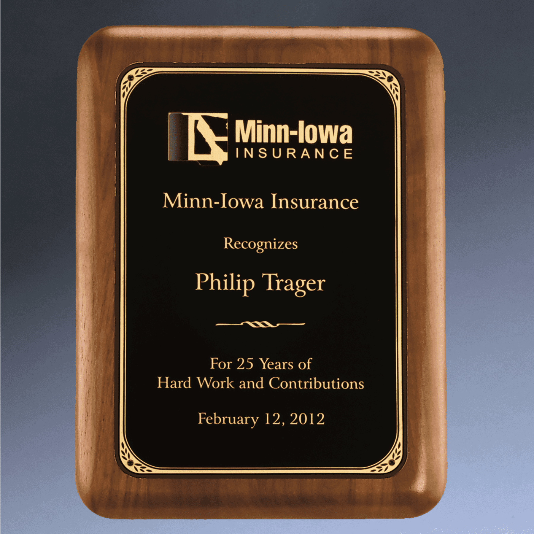 American Walnut Recognition Plaques with Florentine Brass Plates Decorative Border / Rounded Corners / 5" x 7"