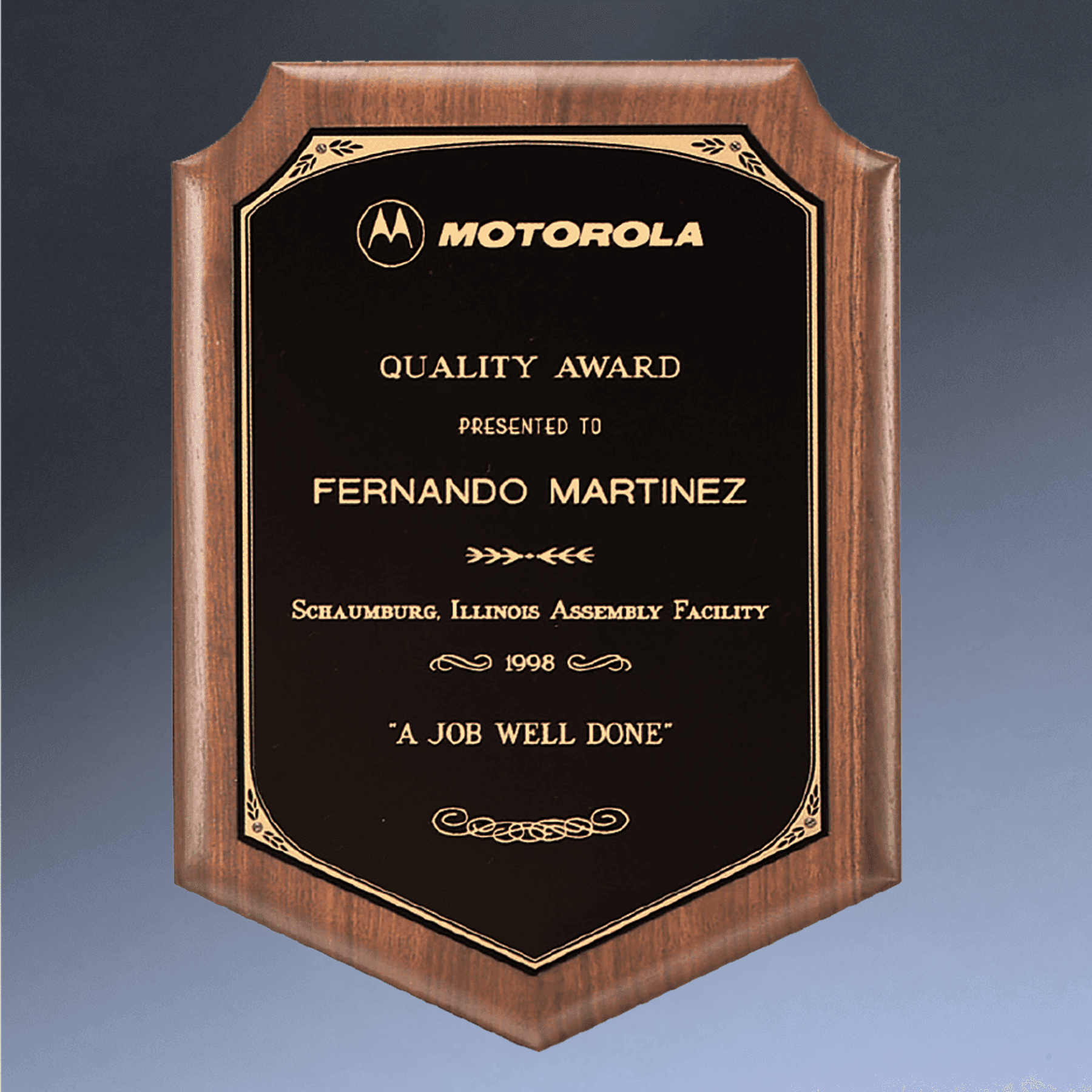 American Walnut Recognition Plaques with Florentine Brass Plates Decorative Border / Rounded Corners / 5" x 7"