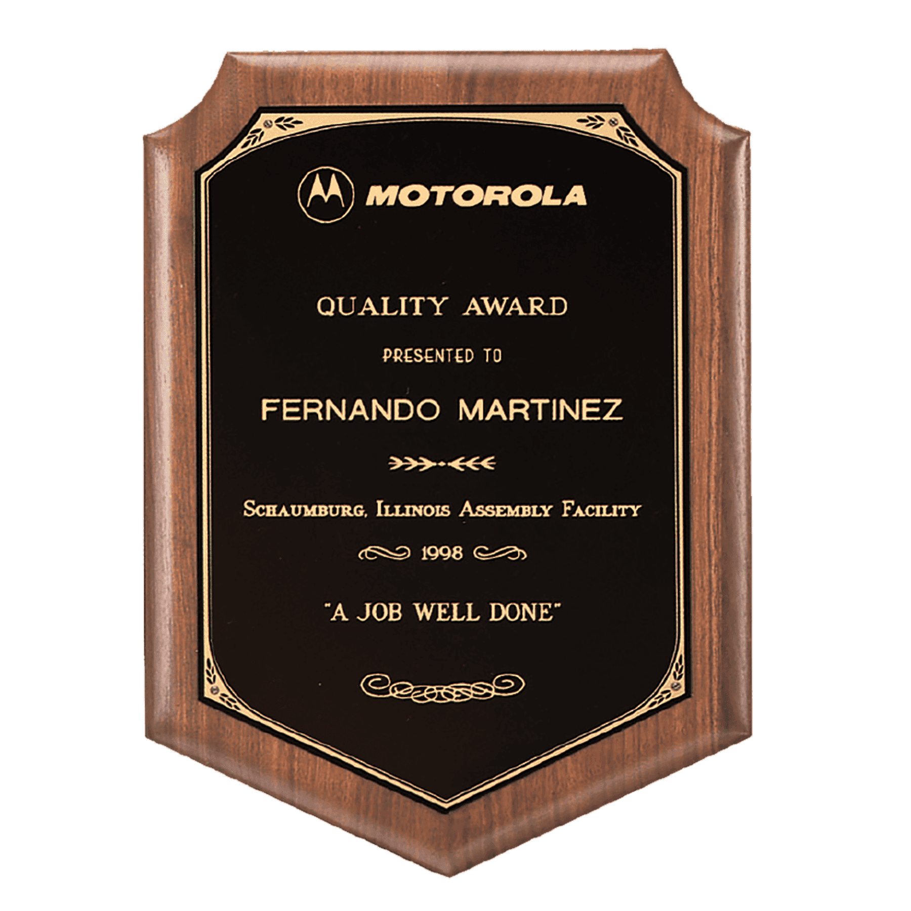 American Walnut Recognition Plaques with Florentine Brass Plates Decorative Border / Shield / 7" x 8"