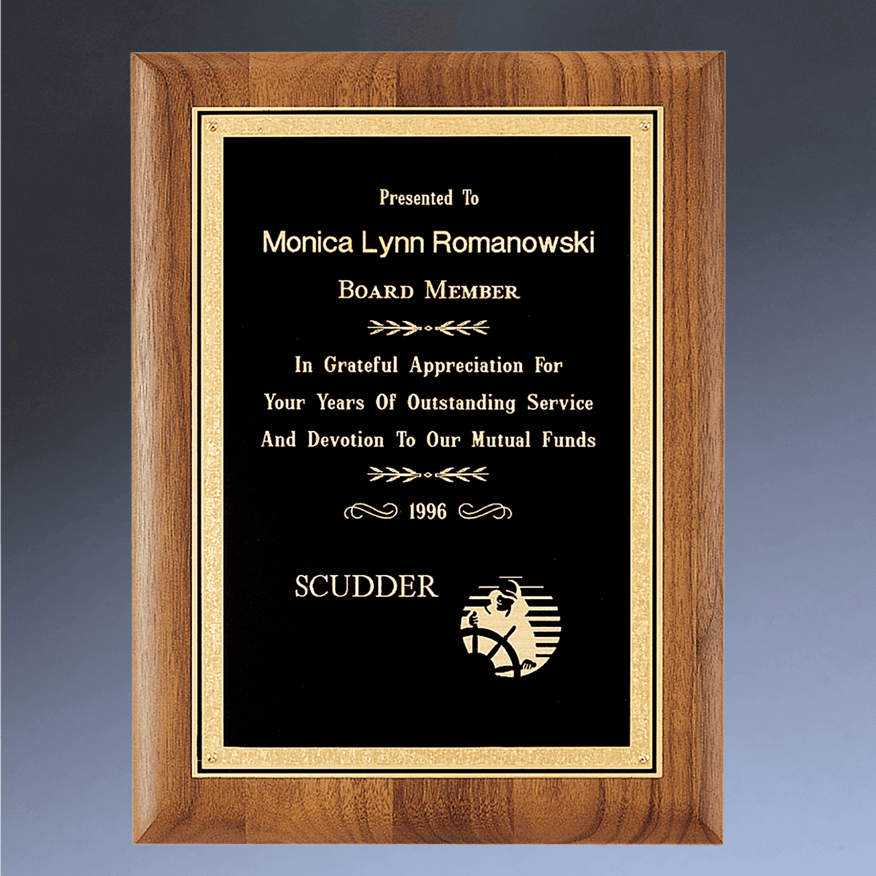 American Walnut Recognition Plaques with Florentine Brass Plates Decorative Border / Rounded Corners / 5" x 7"