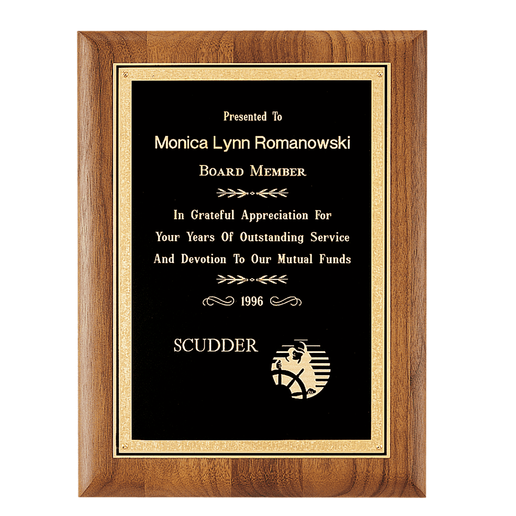 American Walnut Recognition Plaques with Florentine Brass Plates Gold Florentine Border / Squared Corners / 7" x 9"
